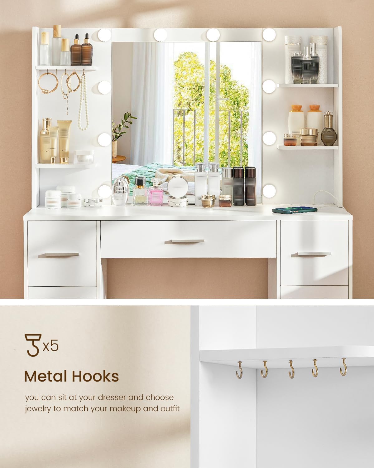 Quimoo White Large Vanity Desk with LED Lighted Mirror & Power Outlet - Makeup Vanity Table with 7 Drawers, 4 Shelves & 5 Hooks - Perfect for Bedroom & Bathroom Organization - Ideal for Makeup, Skincare & Jewelry Storage