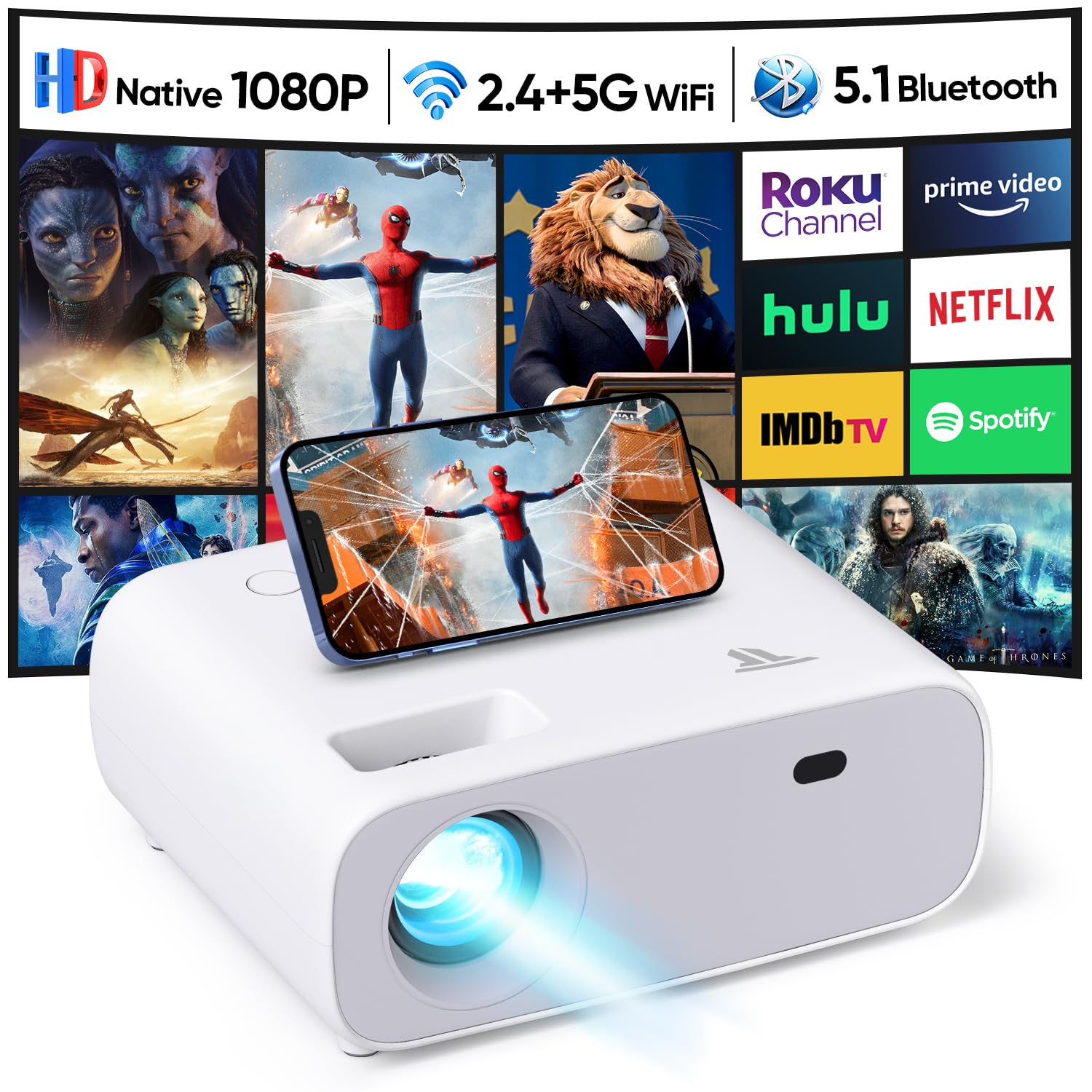 WiFi & Bluetooth 1080P HD Projector - 18000 Lumens Portable Outdoor Movie Projector for iPhone, Android, HDMI, Fire TV Stick | Perfect for Backyard Movies, Camping & Home Theater