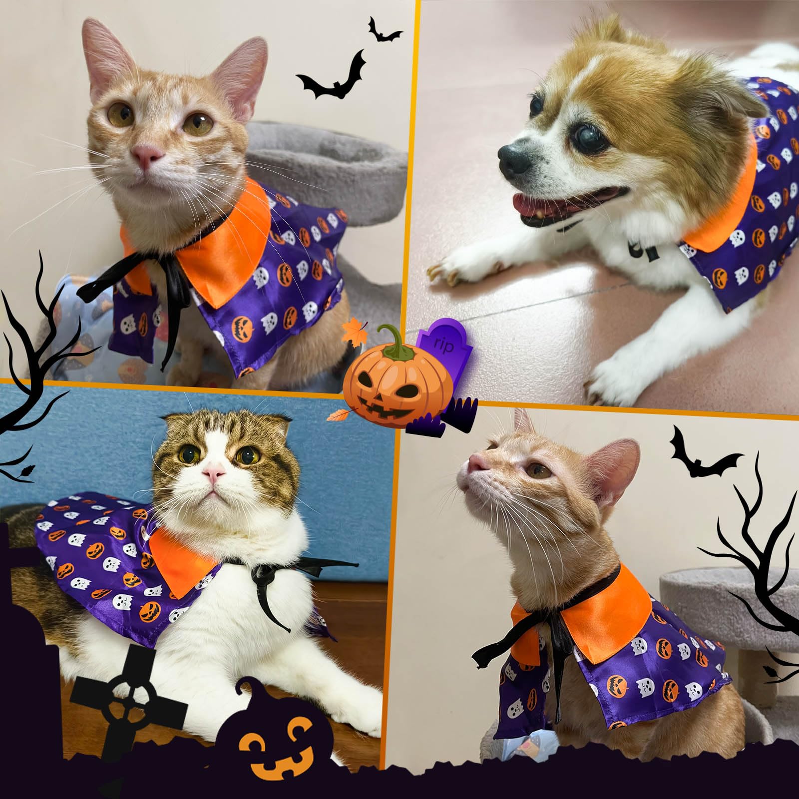LESYPET Halloween Cat Costume - Pumpkin Cloak & Wizard Bandana for Cats & Dogs - Pet Cosplay Outfit for Halloween, Christmas & Parties - Perfect for Pet Costume Contests & Holiday Photos