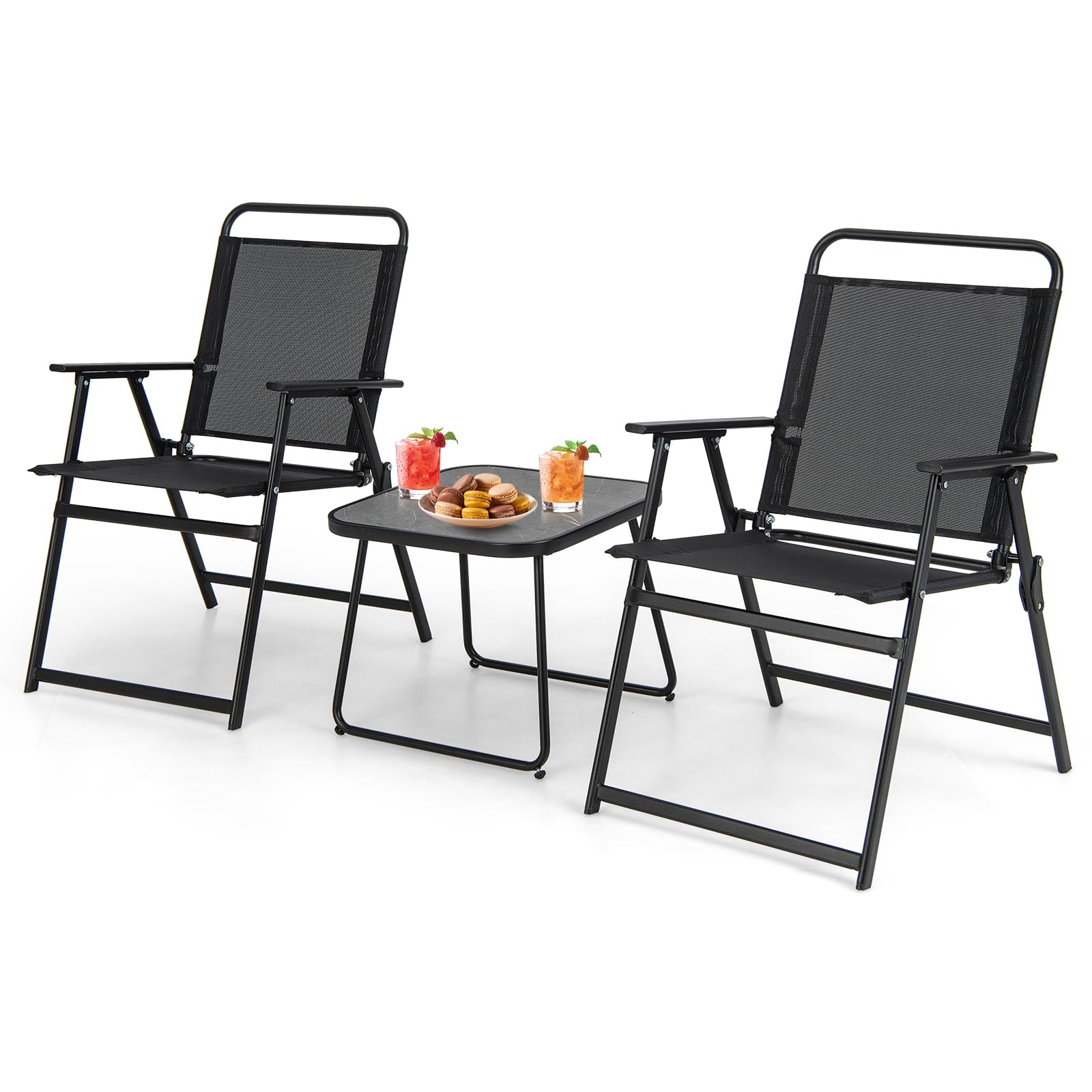 Tangkula 3-Piece Patio Fistro Set - 2 Folding Chairs with Coffee Table, Durable Steel Frame & Breathable Fabric, Compact Outdoor Furniture for Backyard, Poolside, Balcony, Garden or Patio (Black) - Perfect for Relaxing, Entertaining Guests or Enjoying Morning Coffee Outdoors