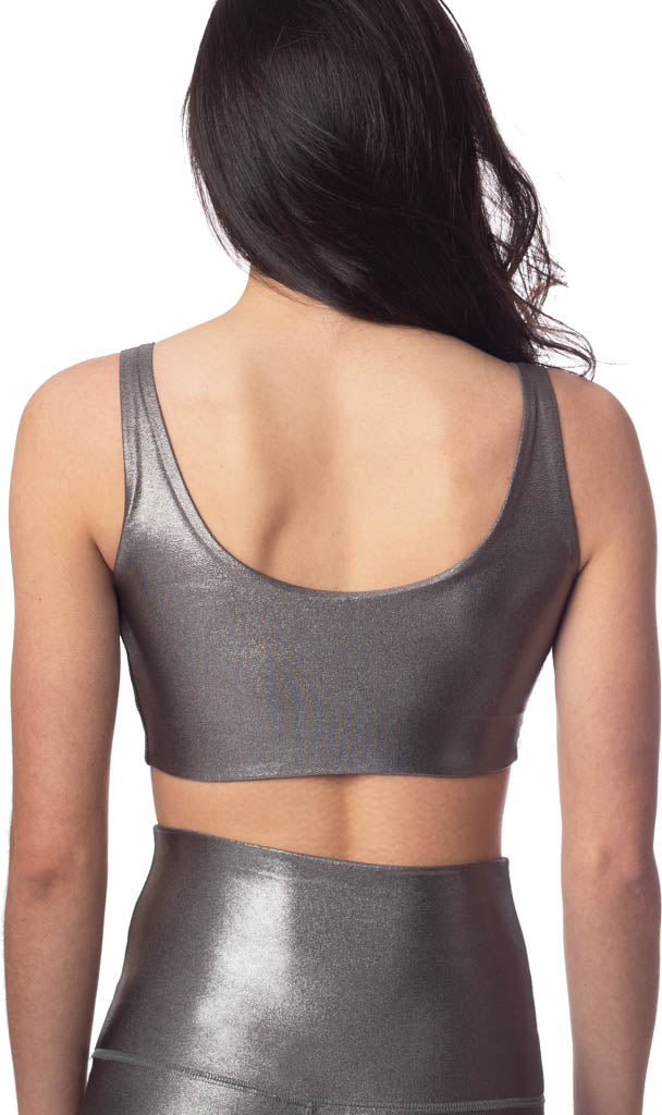 Gunmetal Shimmer V Neck Crop Top for Women - Trendy Party & Night Out Outfit - Perfect for Clubbing, Date Night, and Casual Wear