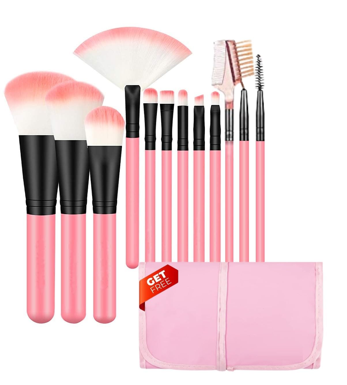 Glamzone 12-Piece Professional Makeup Brush Set with Foundation, Blending, Concealer & Eyeshadow Brushes | Includes Free Leather Pouch Holder | Perfect for Everyday Makeup, Contouring & Professional Makeup Artists (Pink, Pack of 12)