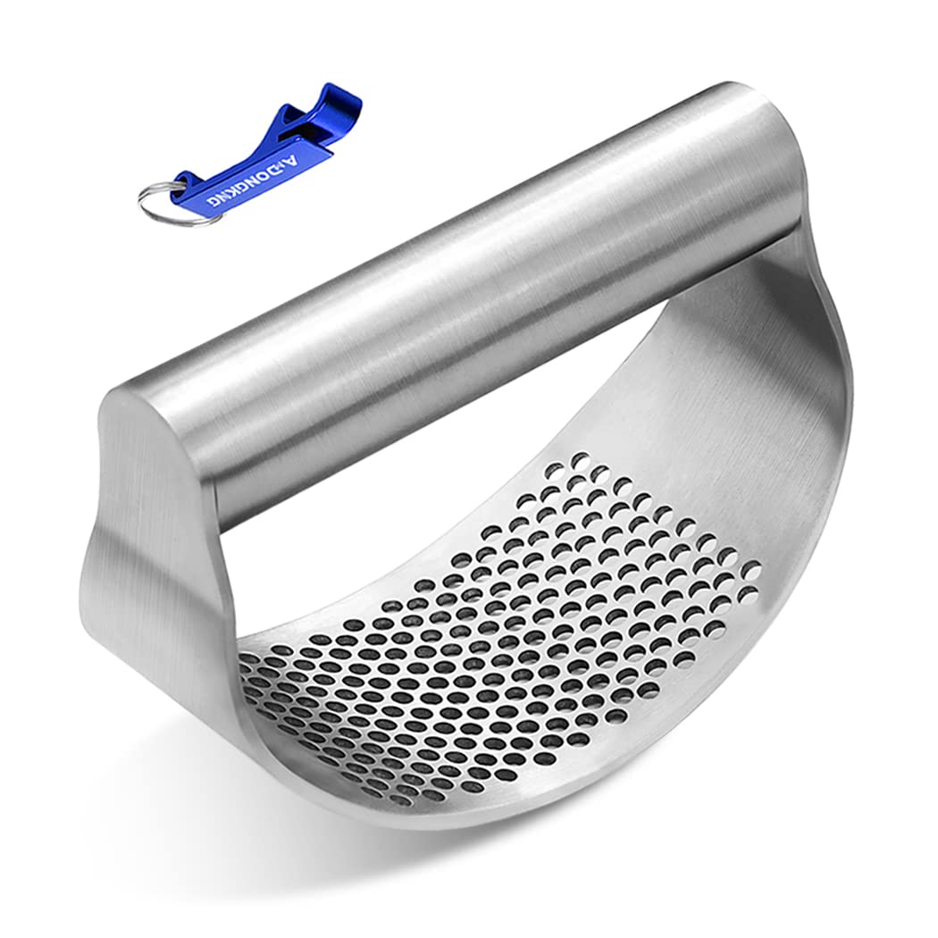 Premium Stainless Steel Garlic Press Rocker - Heavy Duty Garlic Crusher & Mincer with Built-in Bottle Opener - Ideal for Cooking, Meal Prep & Kitchen Essentials (Random Color)
