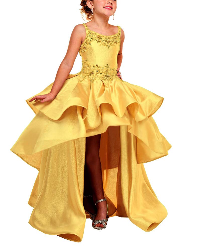 Girl's Hi-Low Beaded Pageant Dress with Square Neck & Straps - Elegant Flower Girl Dress for Weddings, Pageants & Special Occasions