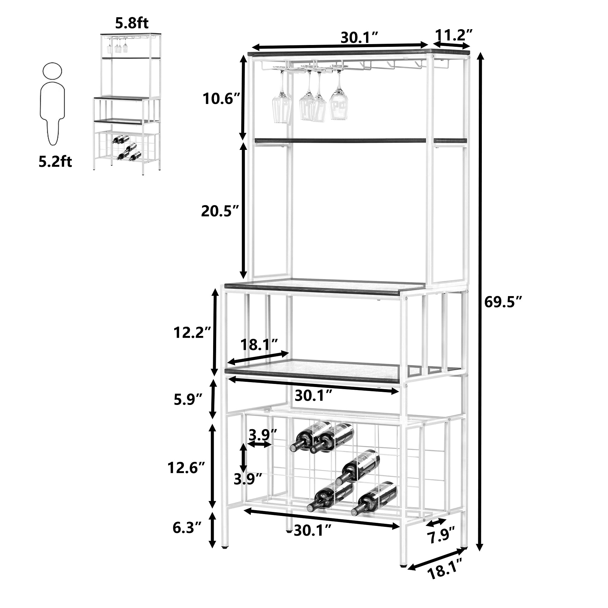 5-Tier Industrial Kitchen Microwave Stand - Freestanding Metal Baker's Rack with Spice Storage, Wine Rack, Glass & Cup Holders - Multi-Functional Storage Shelves for Kitchen, Pantry or Dining Room (Dark Brown) - Perfect for Small Space Organization & Entertaining