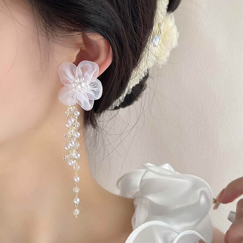 Ivory Pearl Drop Wedding Earrings with Lace Flower Design - Elegant Bridal Jewelry for Weddings, Prom & Formal Events | FM2003
