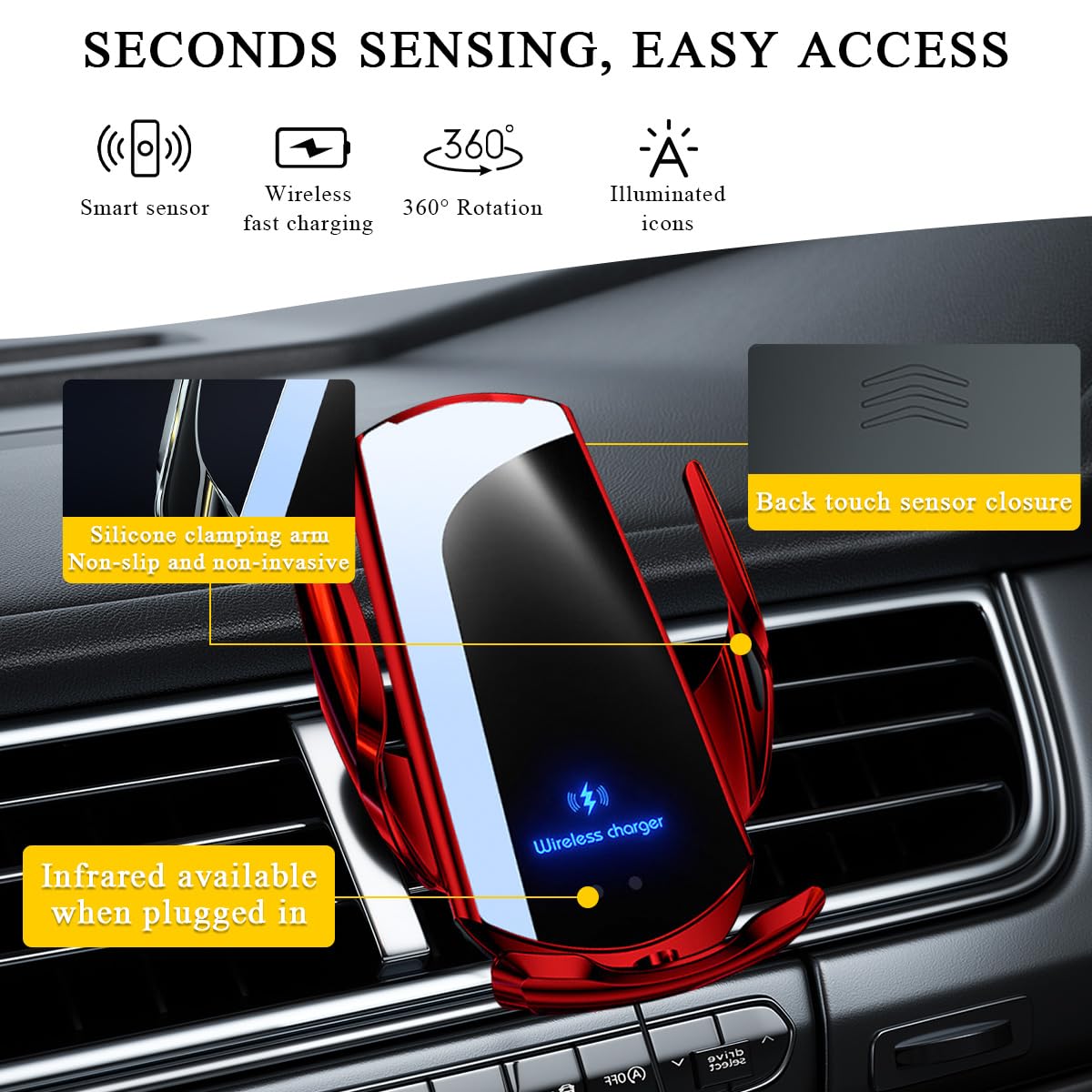 15W Fast Wireless Car Charger Mount - Universal Air Vent Phone Holder for iPhone, Samsung, Pixel - Auto-Clamping & Secure Grip for Safe Driving - Perfect for Commuting, Road Trips & GPS Navigation (Red)