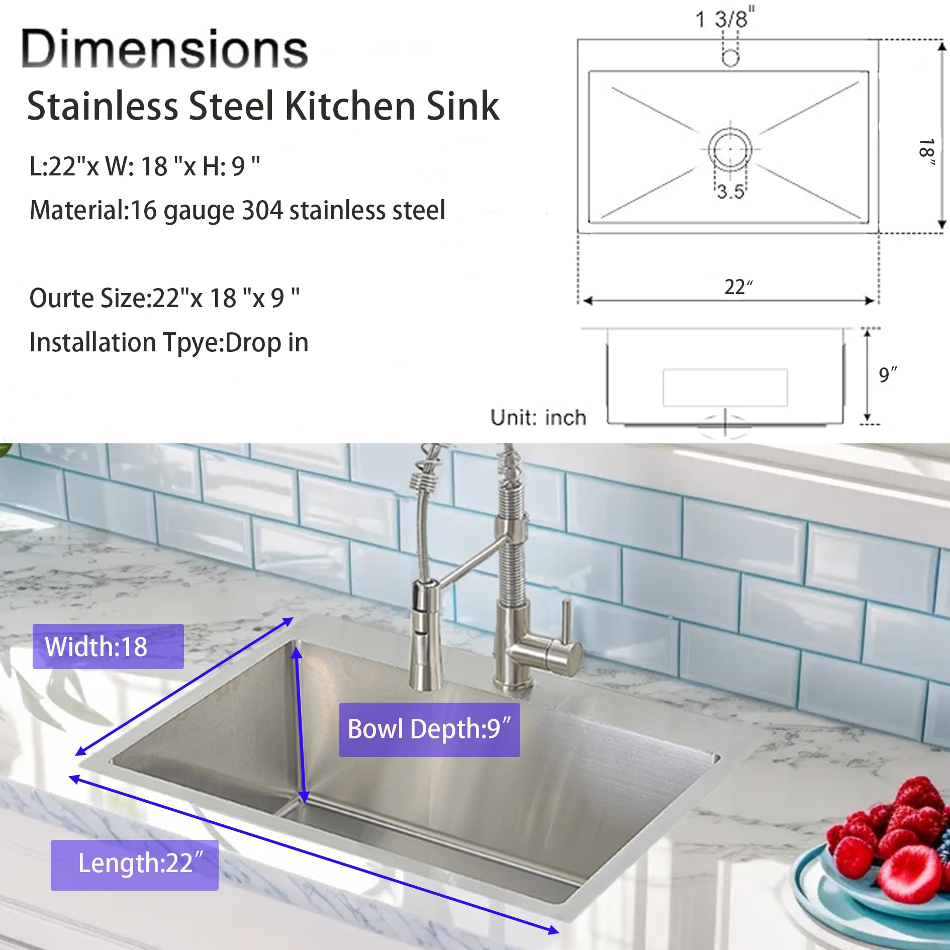 VCCUCINE 22x18 Inch Drop-in Kitchen Sink - 16 Gauge Topmount Stainless Steel RV Small Bar Sink with Strainer - Handmade Brushed Nickel Prep Sink for Outdoor, Wet Bar & RV Kitchen Use