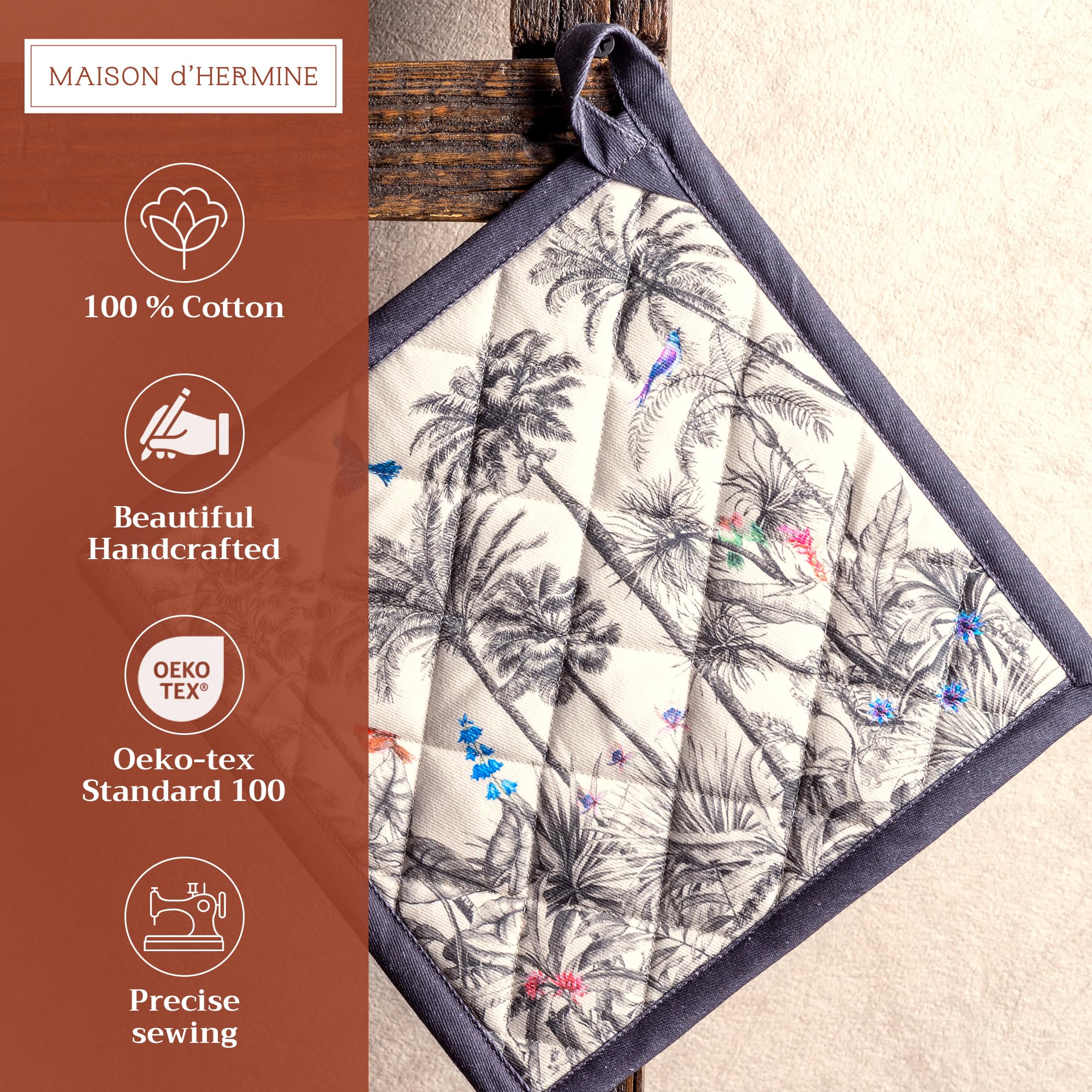 **Hermine 100% Cotton Heat Resistant Potholders Set of 2 (8