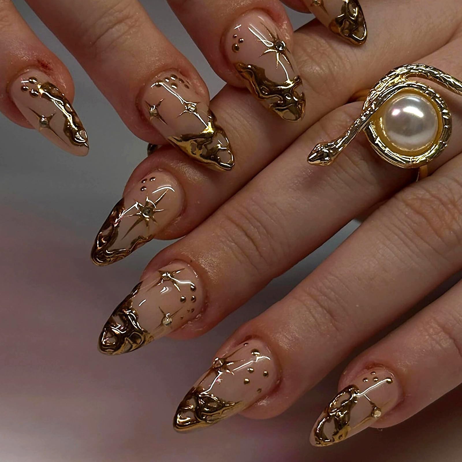 30pcs MERVF Almond Press on Nails - Medium Length Fake Nails with Gold 3D French Tip & Star Design | Stiletto Acrylic Nails Glossy Finish | Gypsy Bohemian Style Glue on Nails for Parties, Weddings & Special Occasions