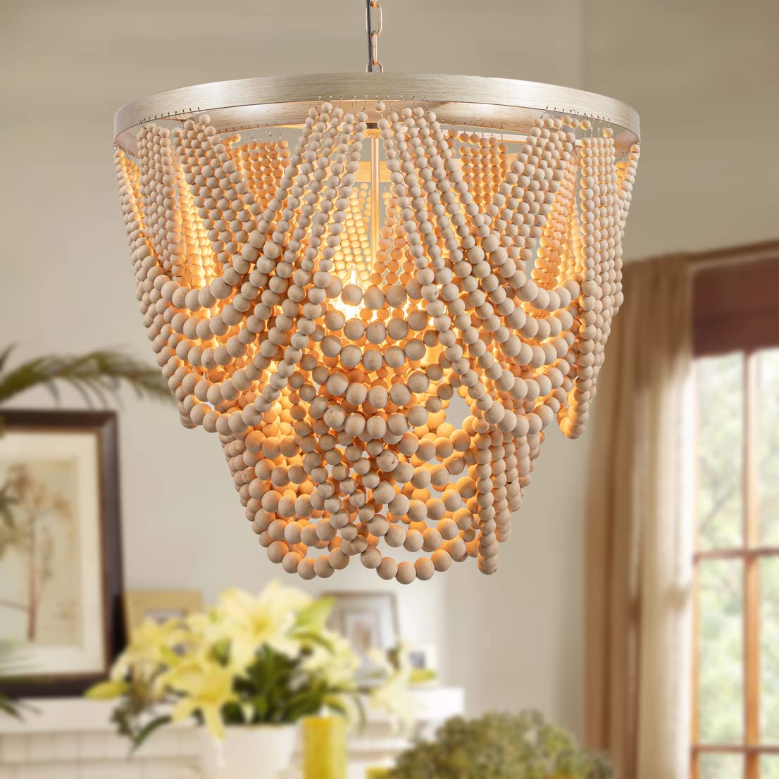 Boho Wood Beaded Chandelier Light Fixture - Handmade Bohemian Farmhouse Ceiling Light with Draped Beads for Living Room, Bedroom & Dining Room Decor