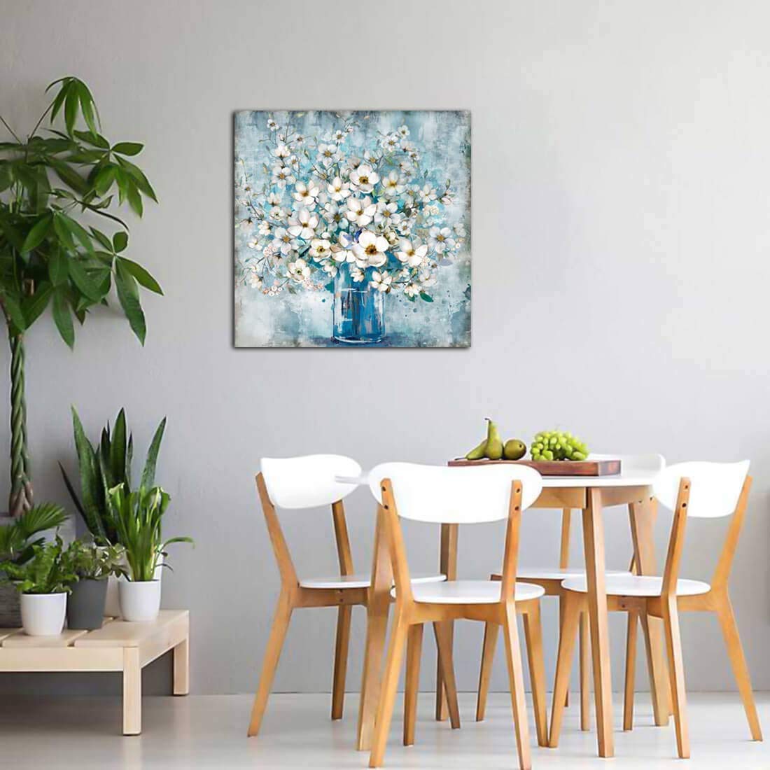 Modern Blue Bottle White Flower Canvas Wall Art - Framed Bathroom Decor, Ready to Hang Gallery Print for Kitchen, Bedroom & Living Room - 30x30 Inches - Perfect for Home, Office & Spa Decor