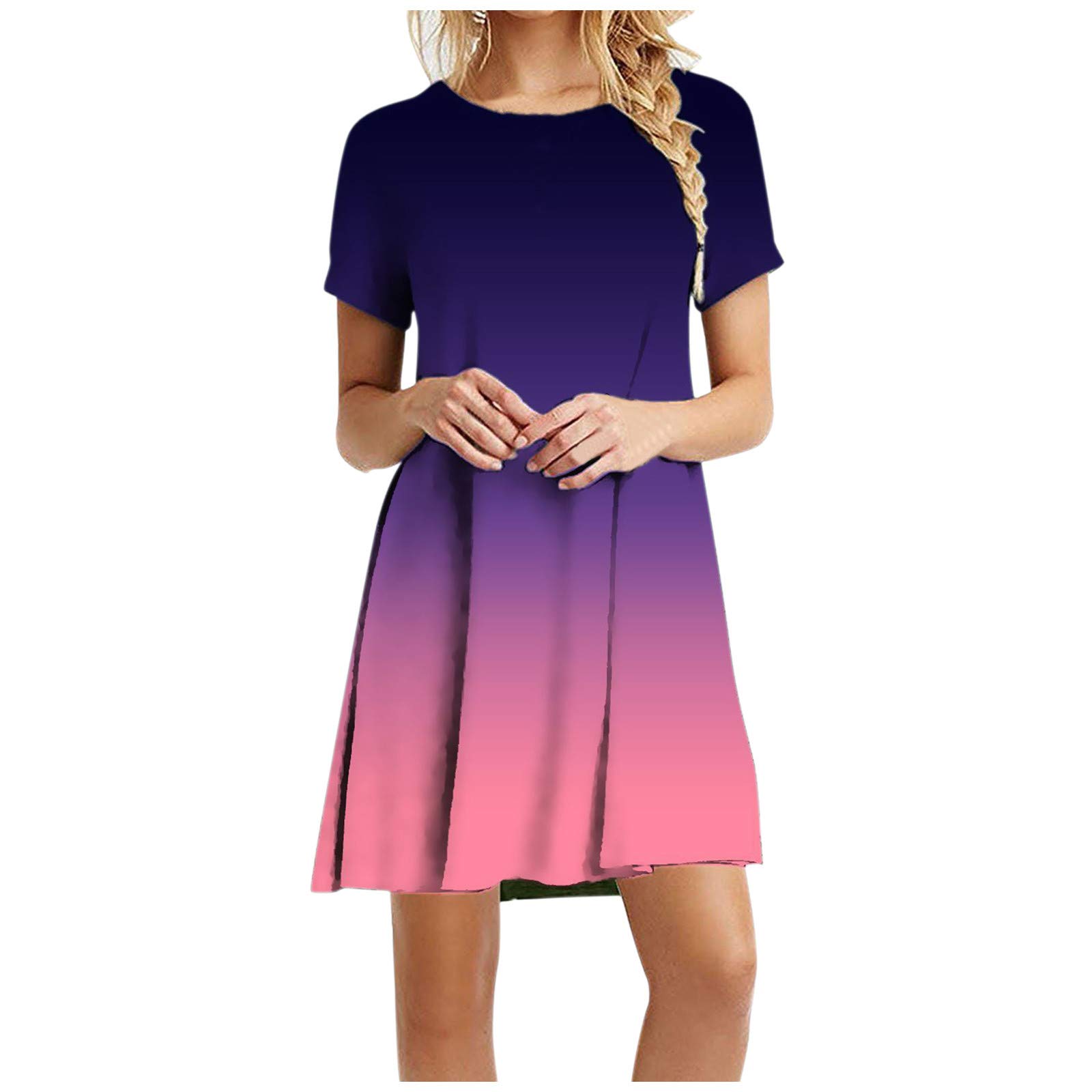 Women's Summer Tops & Dresses - Gradient O-Neck Casual Loose Dress with Rhinestone Details for Daily Wear, Cocktail Parties and Beach Outings