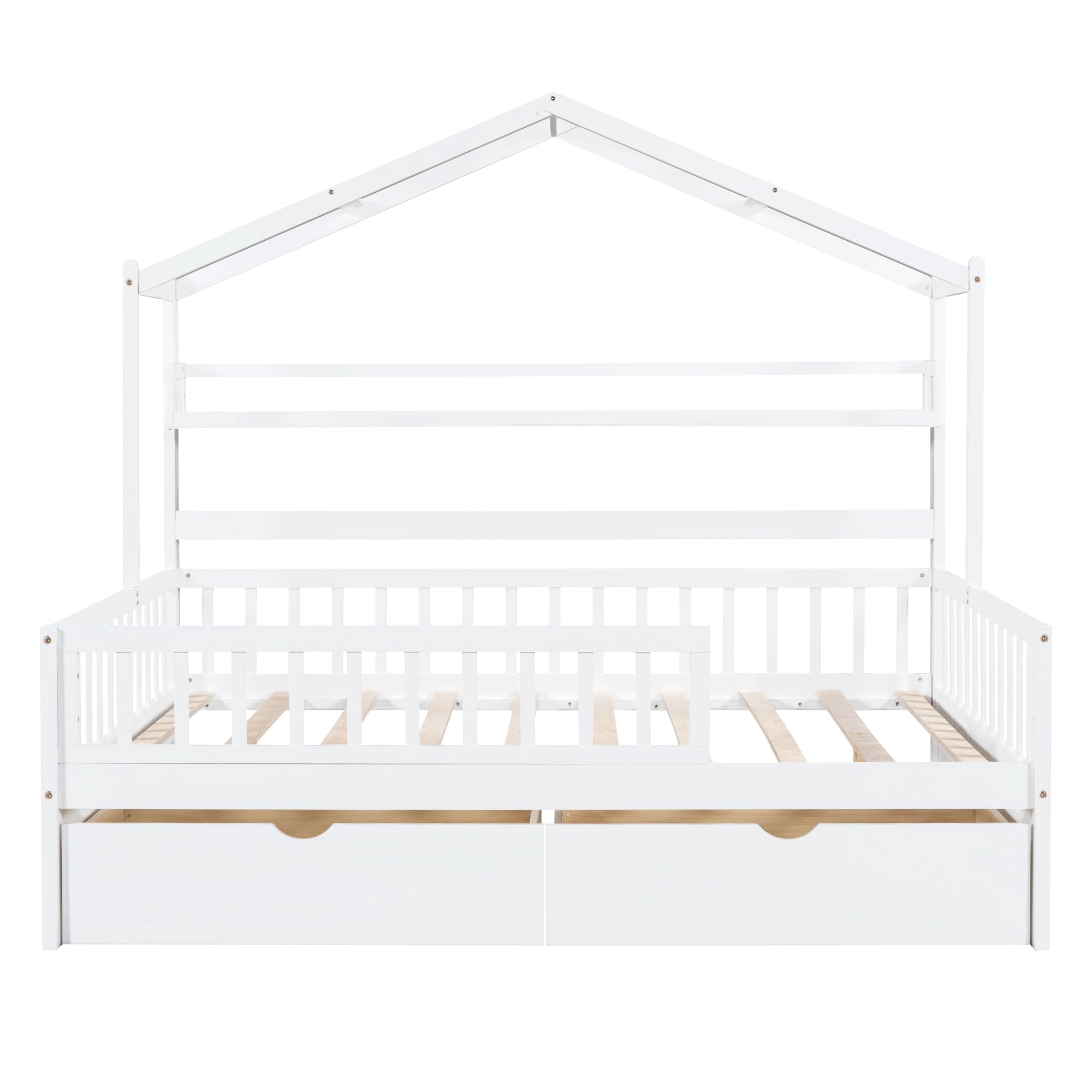 DEINPPA Full House Wooden Bed Frame for Kids with Drawers, Shelf & Safety Guardrails - No Box Spring Needed - Decorative Roof Design - Ideal for Boys, Girls, Toddlers & Children's Bedrooms (White) - Perfect for Small Spaces & Themed Kids' Rooms