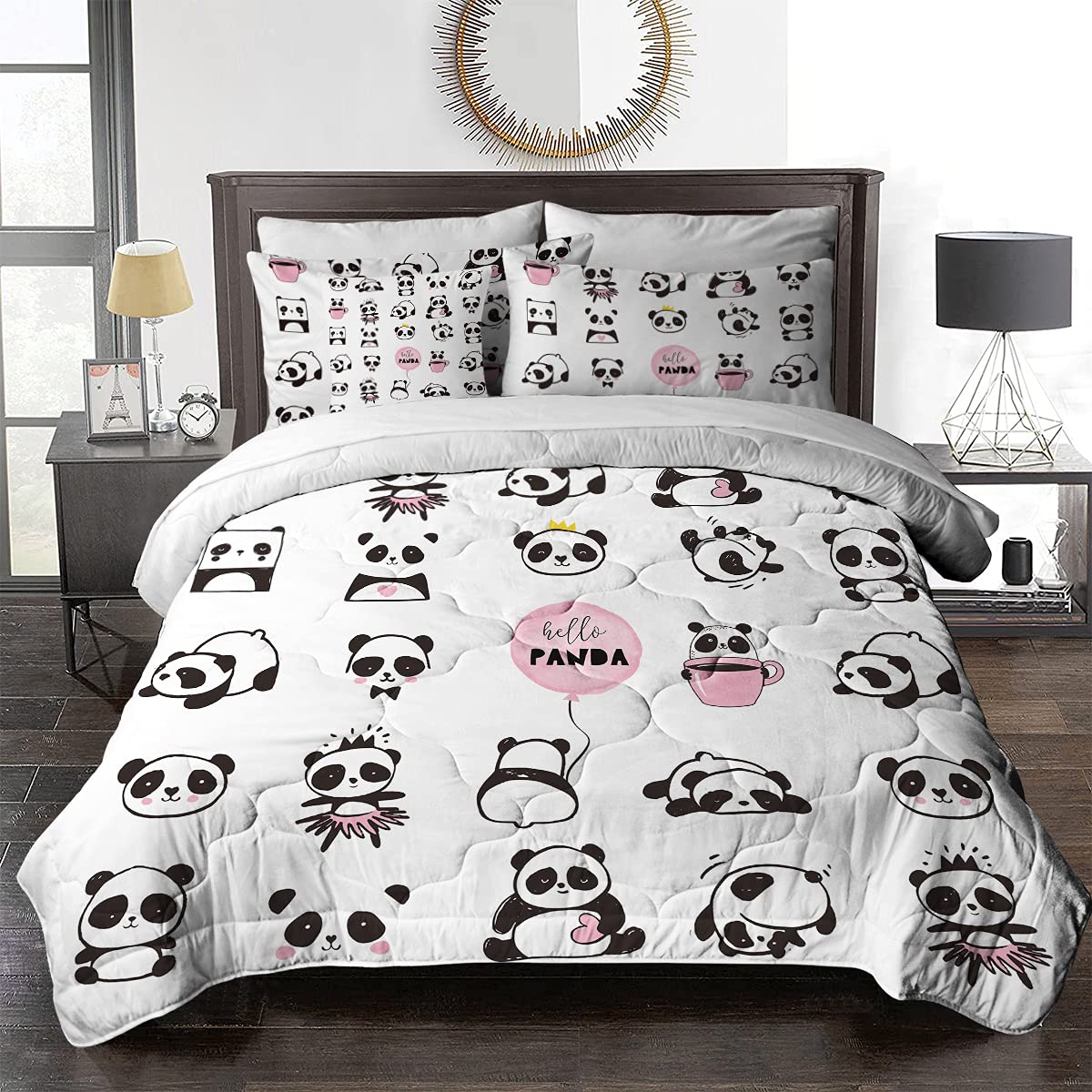 BlessLiving Panda Bear Bedding Set Queen Size - 8 Piece Cute Kids Bed in a Bag (Black, White, Pink) | Includes Comforter, Pillow Shams, Sheets & Cushion Cover | Soft & Cozy Bedroom Decor for Boys & Girls | Perfect for Kids' Rooms, Sleepovers & Nursery Decor