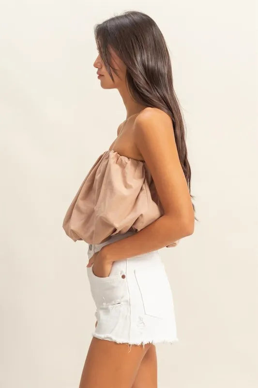 Trendy Beige Strapless Bubble Top for Women - Chic Summer Outfit for Beach, Party & Casual Wear