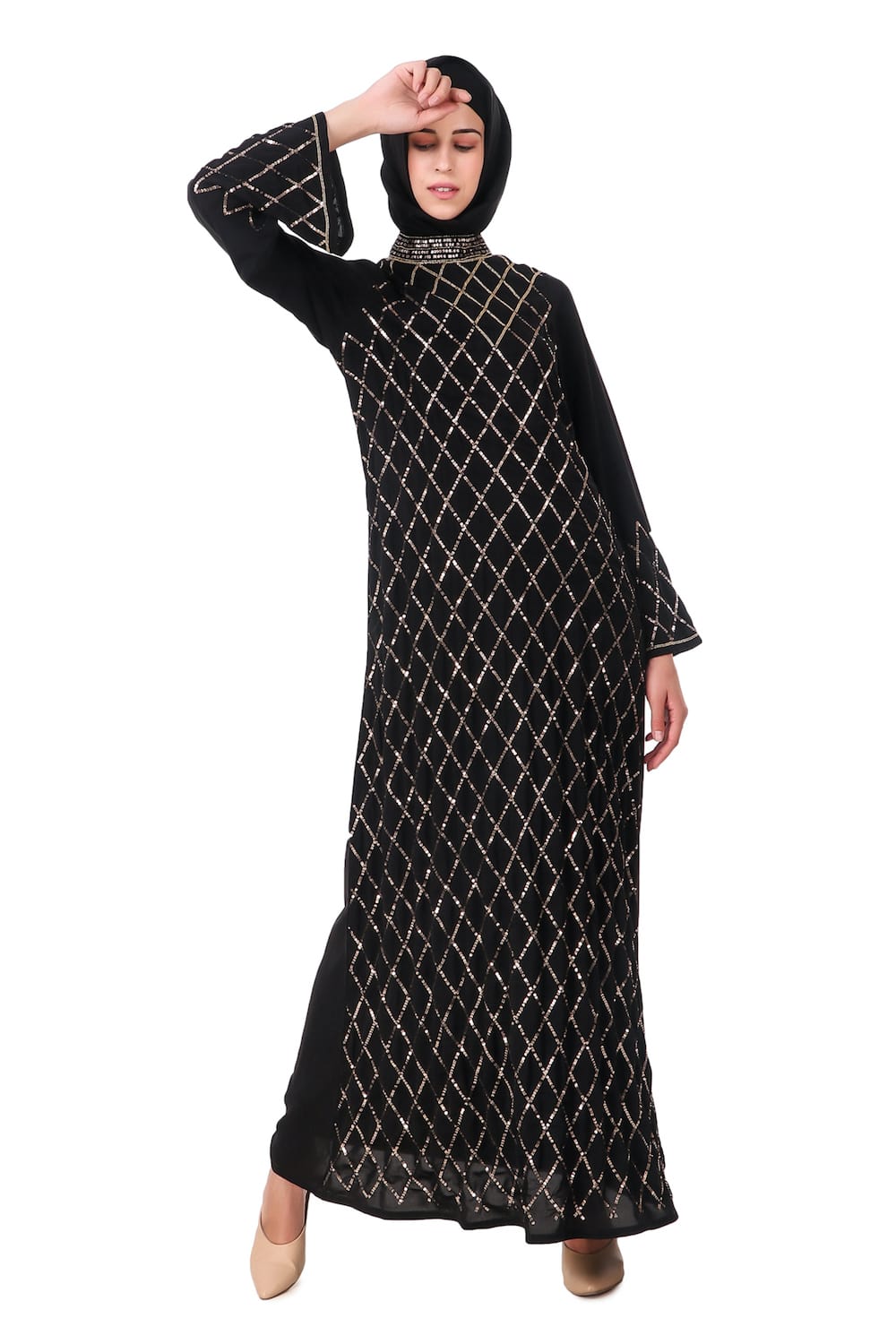Elegant Eid Abaya Dress - Hand Embroidered with Beads & Sequins for Women - Perfect for Eid Celebrations, Weddings & Special Occasions