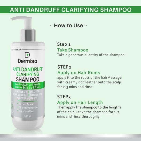 Dermora Anti-Dandruff Clarifying Shampoo 300ml - Sulfate & Paraben Free with Tea Tree Oil, Zinc, Witch Hazel & Aloe Vera - Reduces Dandruff & Flakes, Soothes Itchy Scalp - Perfect for Daily Use & Sensitive Scalp Care
