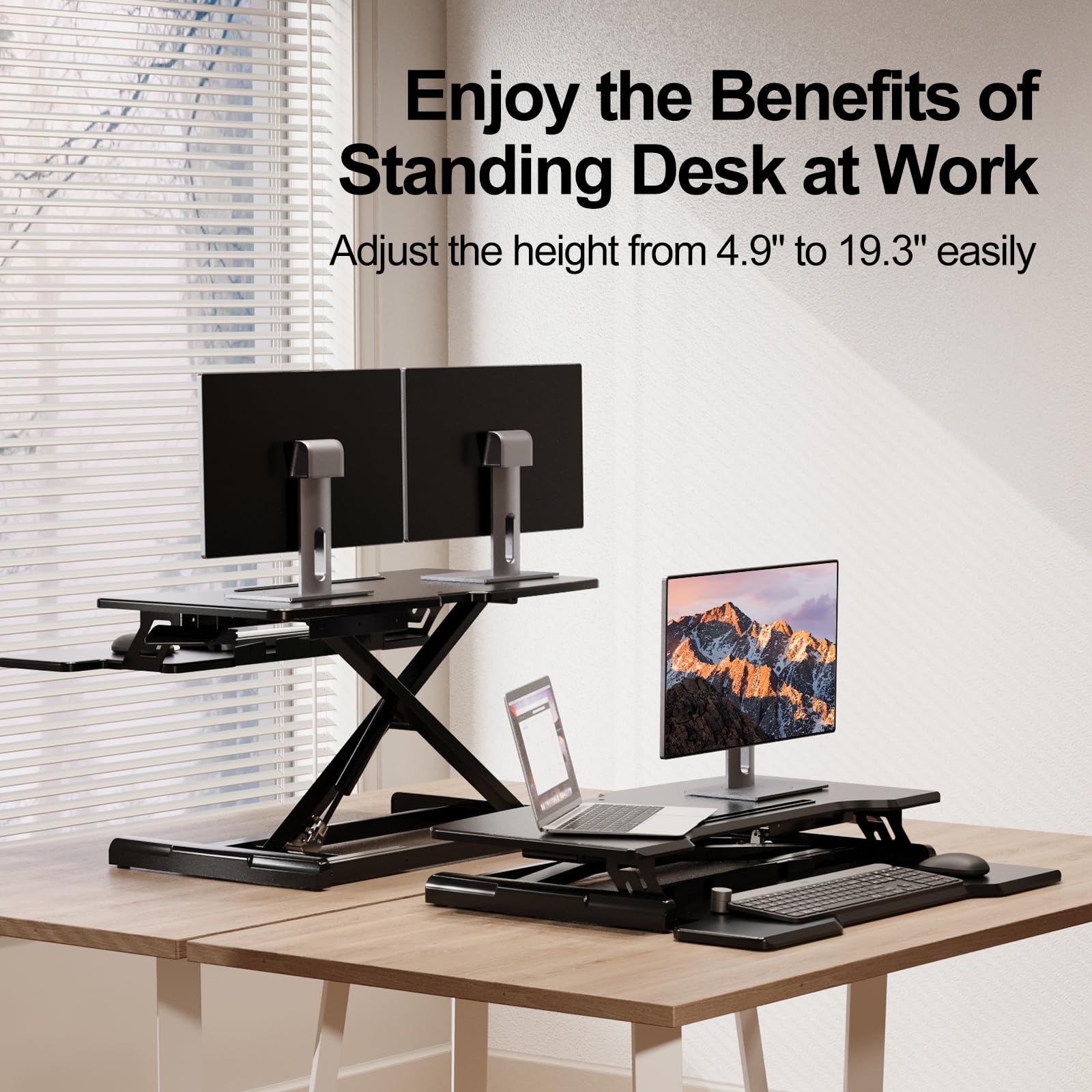 32 Inch Height Adjustable Standing Desk Converter - Dual Monitor Sit Stand Workstation with Keyboard Tray for Home Office | Ergonomic Black Desktop Riser for Computer, Laptop & Office Work
