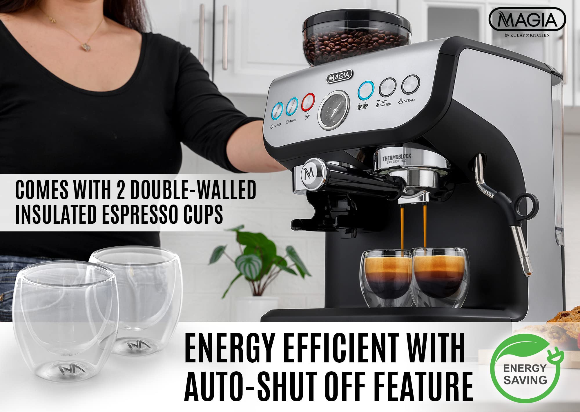 Zulay Kitchen Magia Manual Espresso Machine with Built-in Grinder & Milk Frother - 15 Bar Pressure Pump for Perfect Espresso, Cappuccino & Latte - 2L Large Removable Water Tank - Ideal for Home Baristas & Coffee Lovers