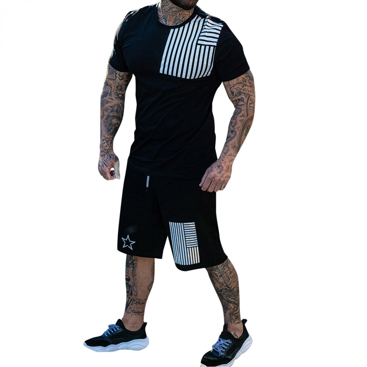 **NOLDARES Men's 2-Piece Tracksuit Set - Color Block Graphic Short Sleeve T-Shirt & Shorts for Gym, Running, and Casual Wear**