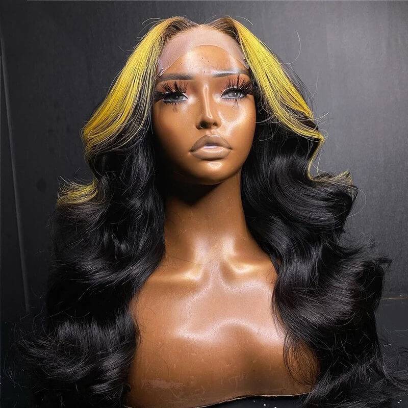 Eullair 13x4 Body Wave Lace Front Wig - Colored Blonde Skunk Stripe Human Hair Wig for Women | Perfect for Cosplay, Halloween, and Daily Fashion Styling