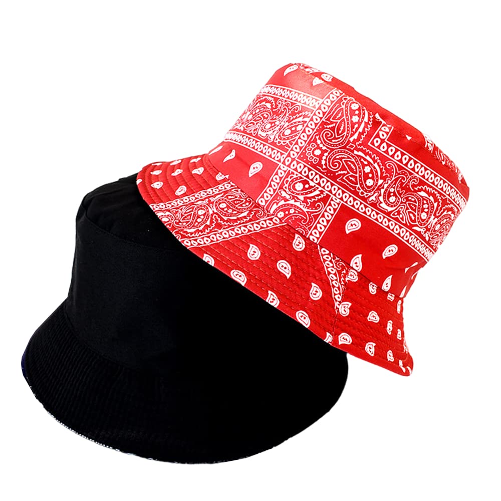 Blue & Black Bandana Bucket Hats for Women & Men - Fashionable Sun Protection for Beach, Fishing, Skateboarding - Packable Summer Caps in Red, White & Blue Styles