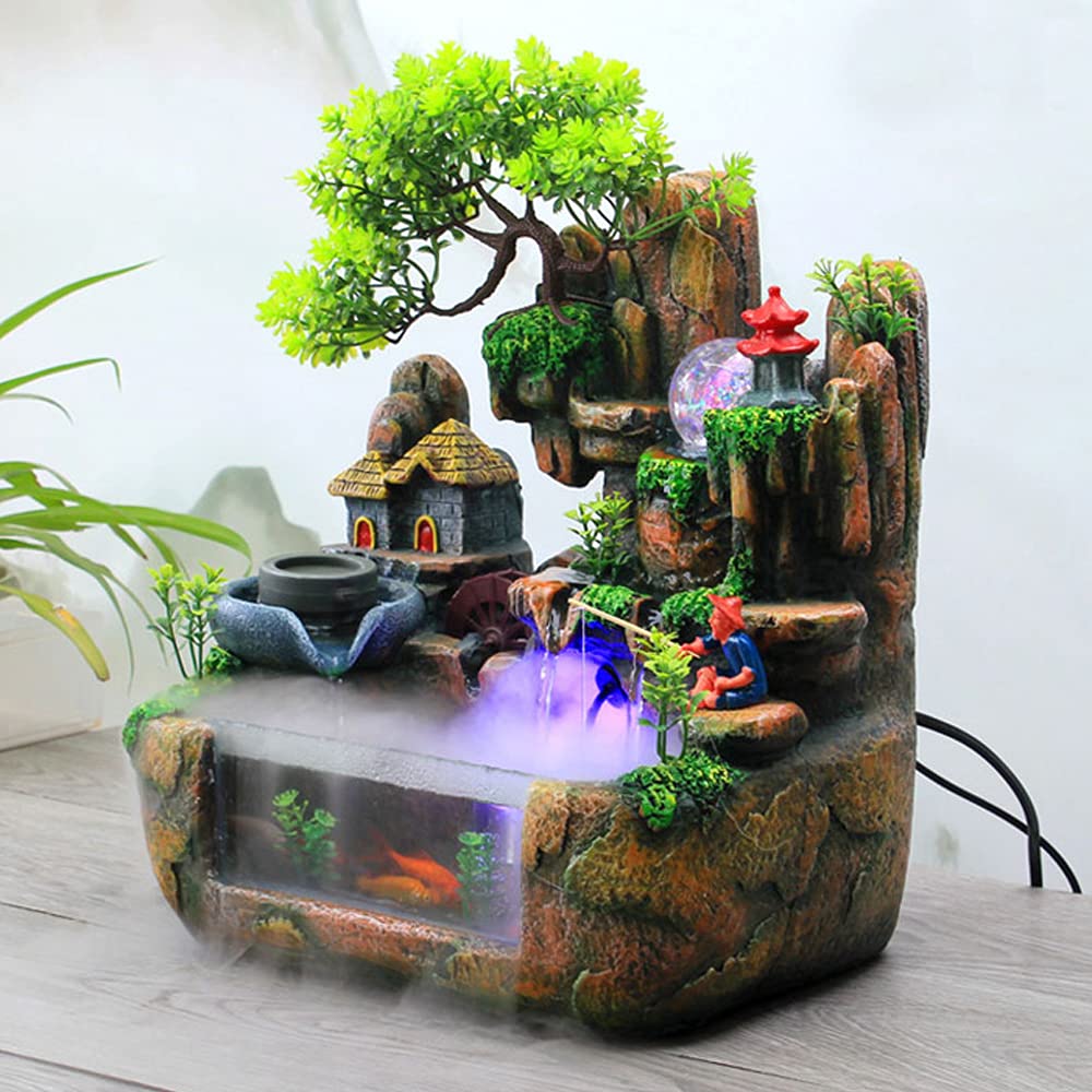 Zen Tabletop Fountain with 12 LED Lights - Indoor Waterfall Feature for Home, Office & Bedroom | Relaxing Rock Falls Resin Fountain with Atomizer for Meditation, Stress Relief & Desk Décor