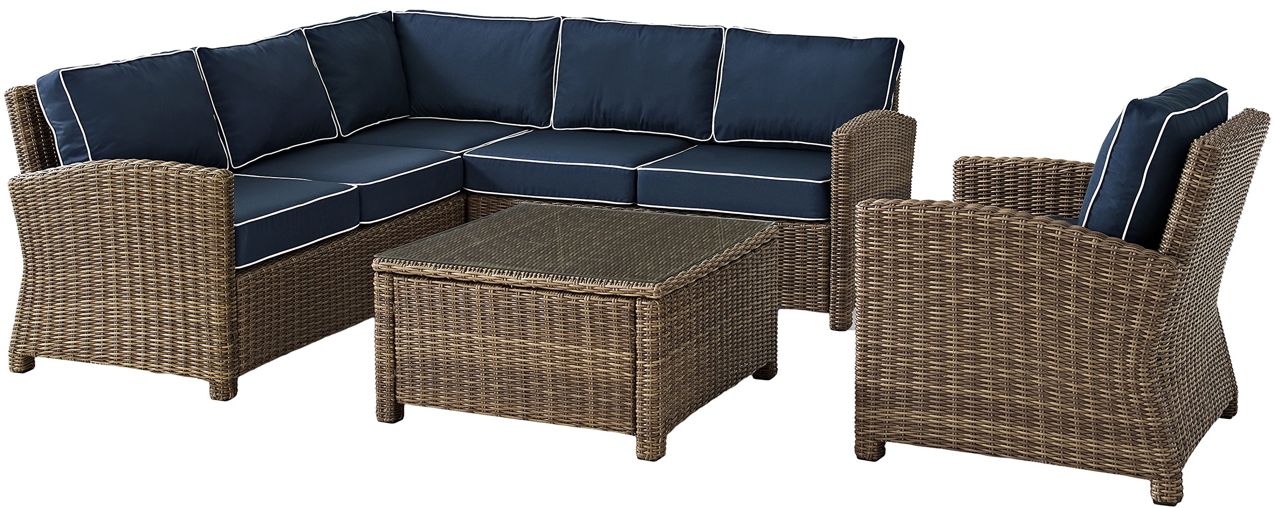 Crosley Furniture Bradenton 5-Piece Outdoor Sectional Sofa Set - All-Weather Wicker Patio Furniture with Navy Cushions for Deck, Garden & Backyard Relaxation