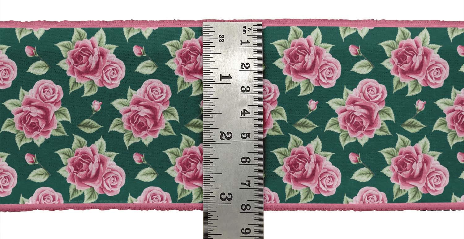 Green Leaves & Rose Floral Printed Dupion Fabric Ribbon Trim - 9 Yards, 3 Inches Wide for Crafts, Sewing, DIY Accessories | Perfect for Dressmaking, Gift Wrapping & Home Decor Projects