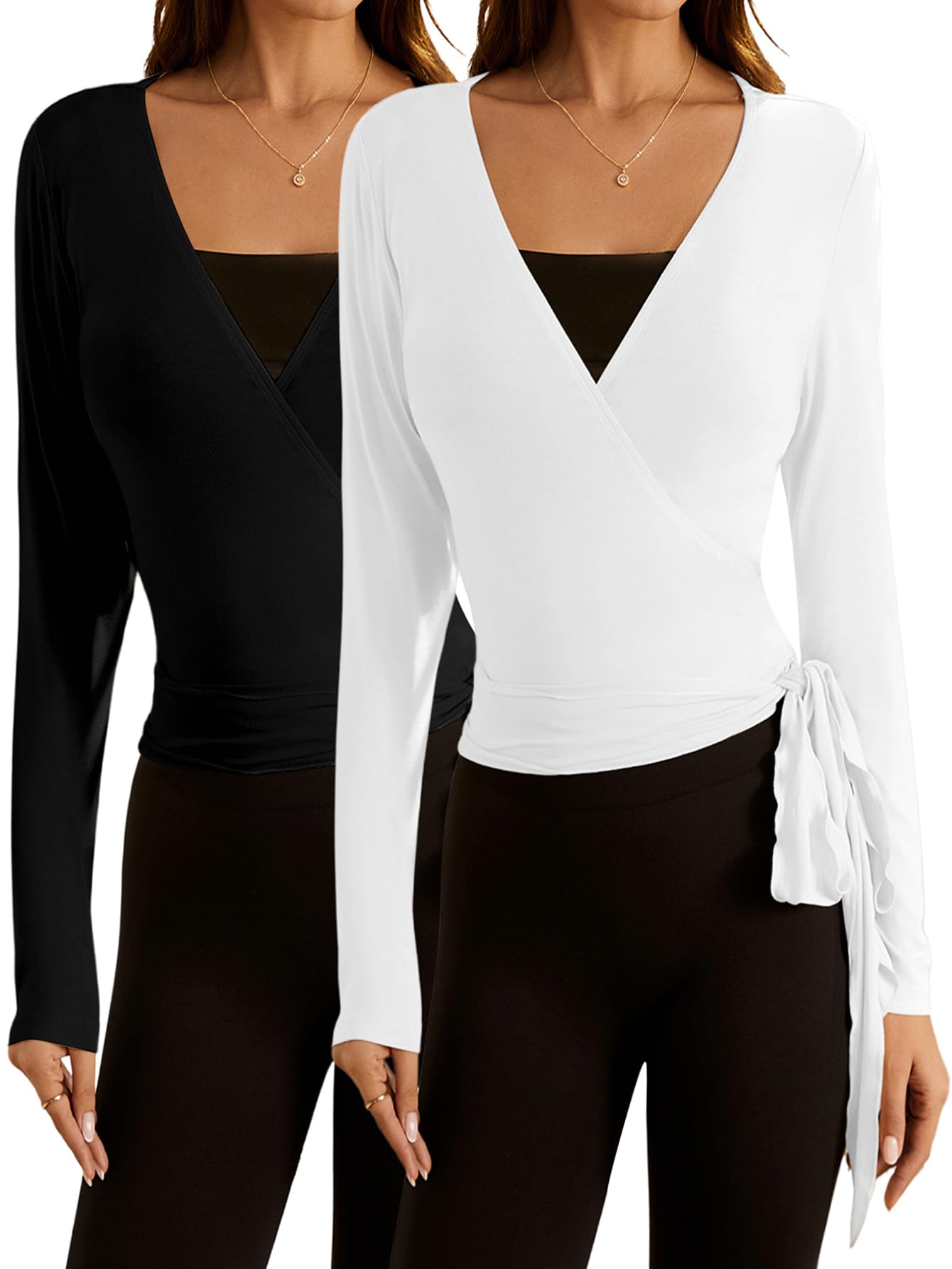 SweatyRocks Women's 2 Pack Yoga Shirts - Wrap Ruched Tie Front Long Sleeve Workout T-Shirts for Gym, Running & Yoga | Moisture Wicking & Comfortable Activewear