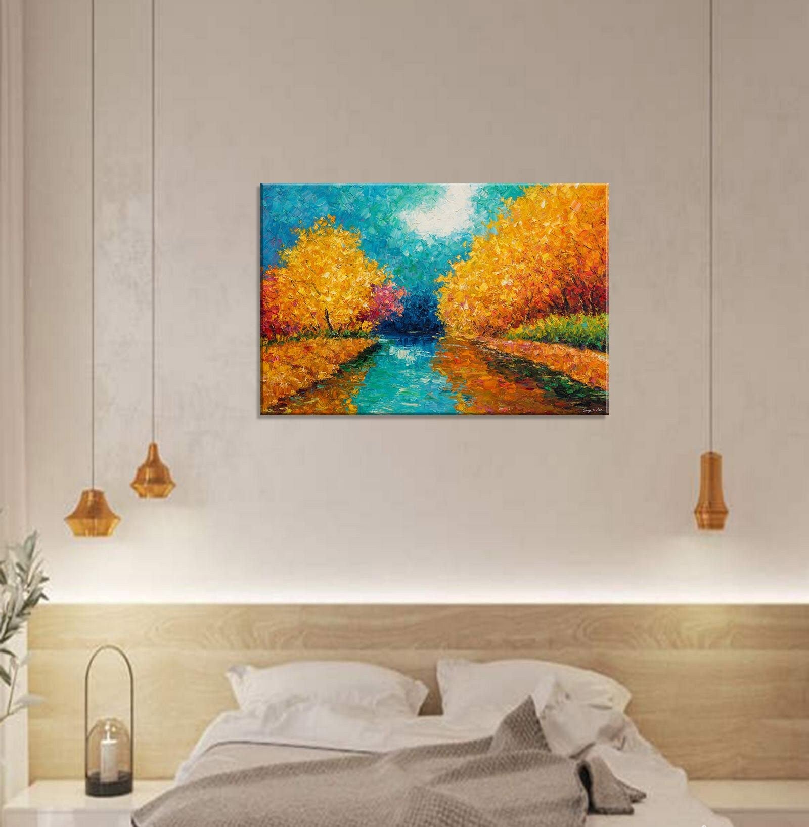 Large Landscape Oil Painting on Canvas - Modern Abstract Spring Mountain Woods Wall Art for Living Room, Bedroom & Office Decor