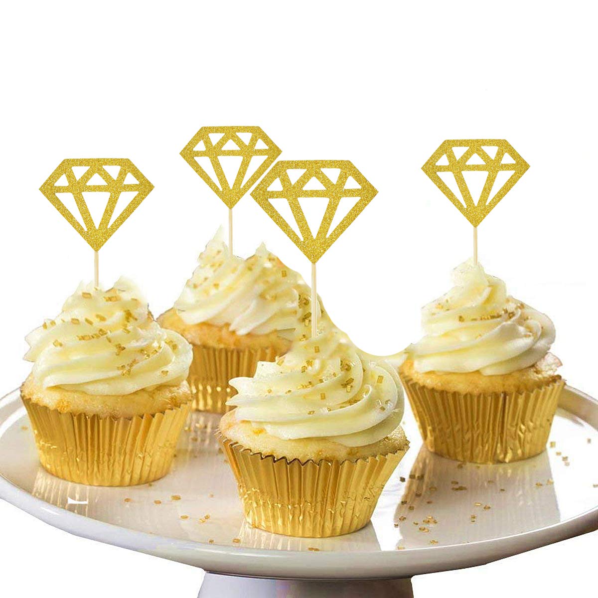 50 Pack Golden Glitter Diamond Cupcake Toppers - Premium Cake Decorations for Birthday Parties, Weddings & Baby Showers - Elegant Cupcake Decor Supplies for Baking & Special Events
