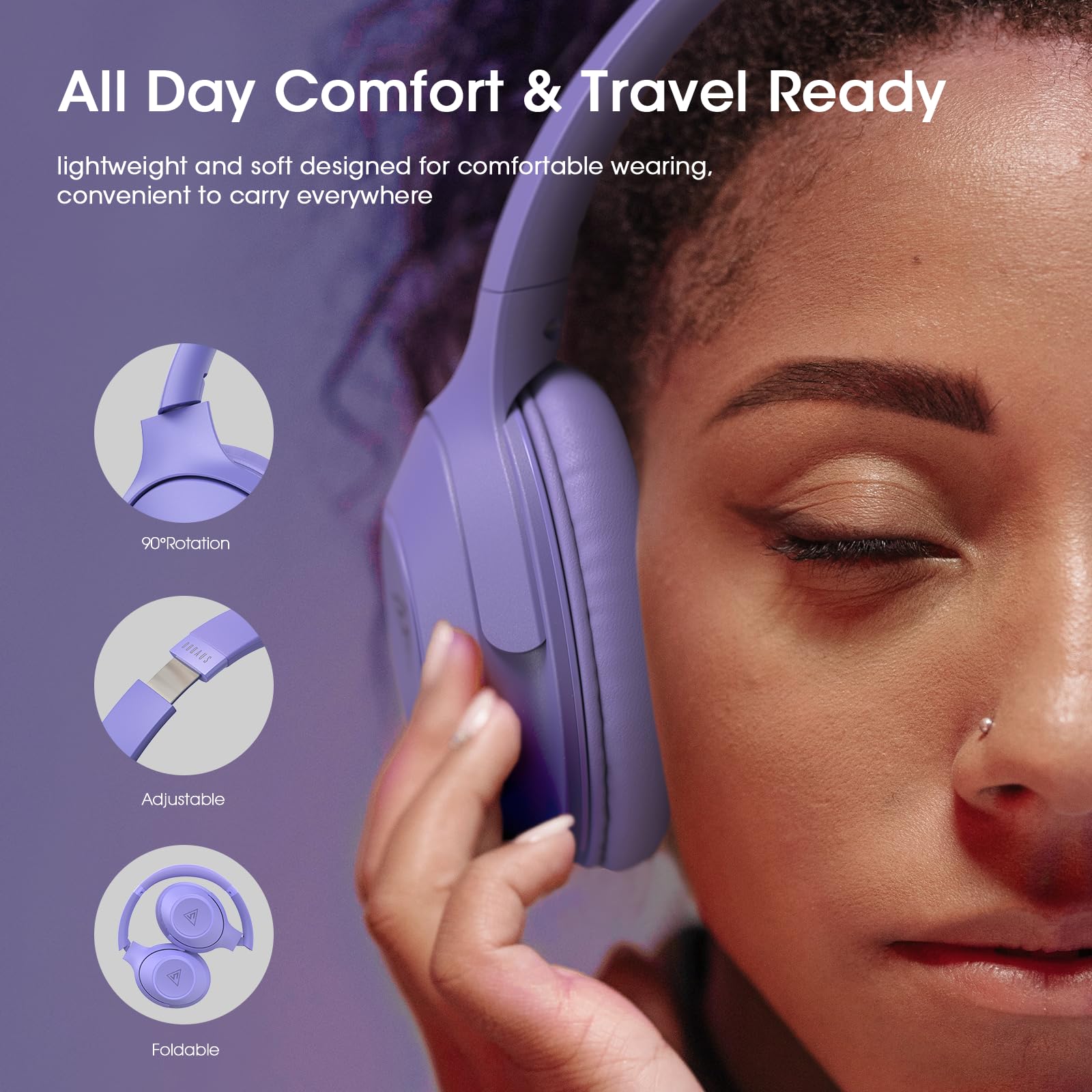 DOQAUS Wireless Bluetooth Headphones with Microphone - 70 Hours Playtime, Hi-Fi Stereo Sound, 3 EQ Modes, Foldable Design for iPhone, Android, PC - Perfect for Travel, Office & Gaming (Purple)