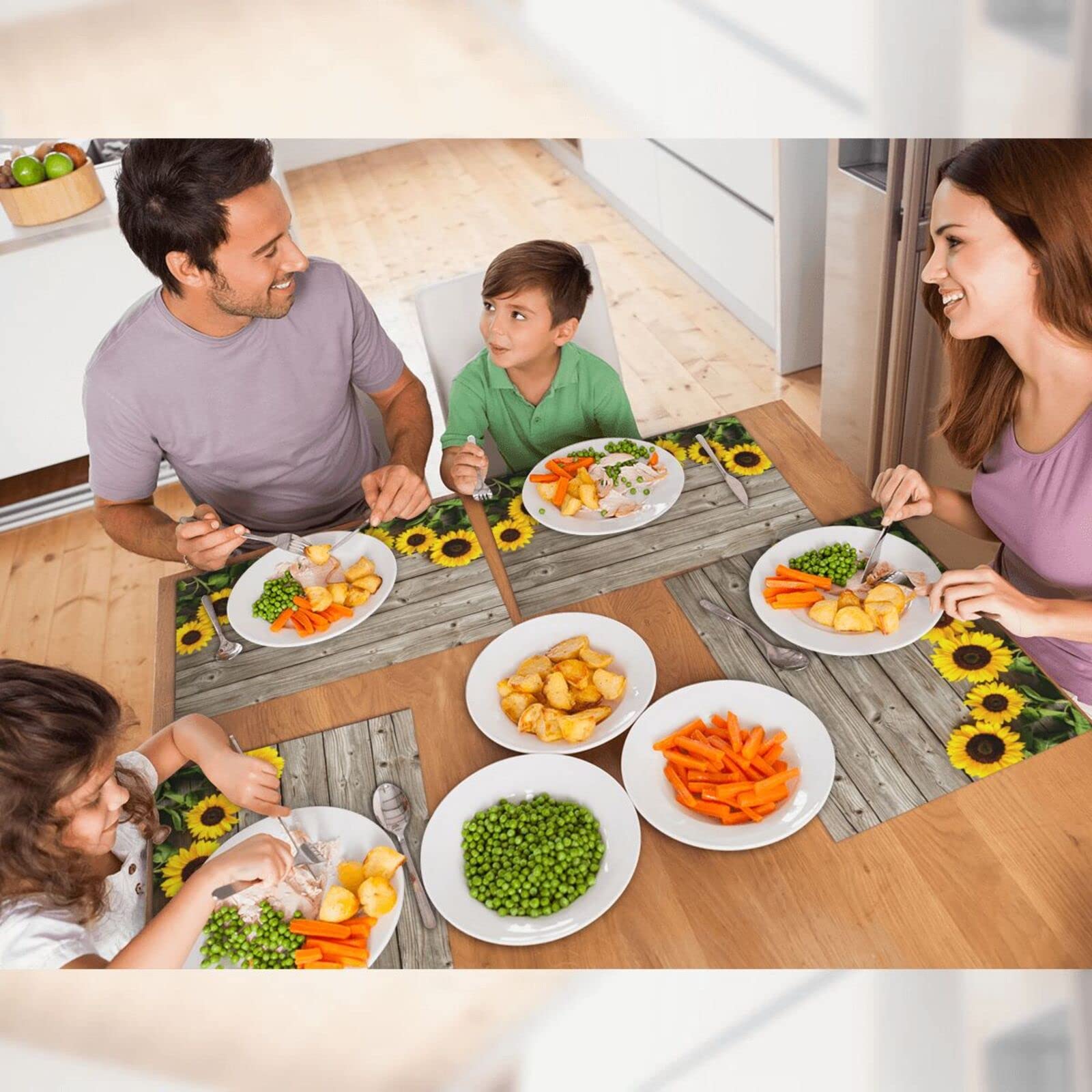 Sunflower Woven Fabric Placemats Set of 4 - Rectangle Dining Table Mats for Kitchen, Home Decor & Party Settings - Washable & Durable Table Setting Accessories