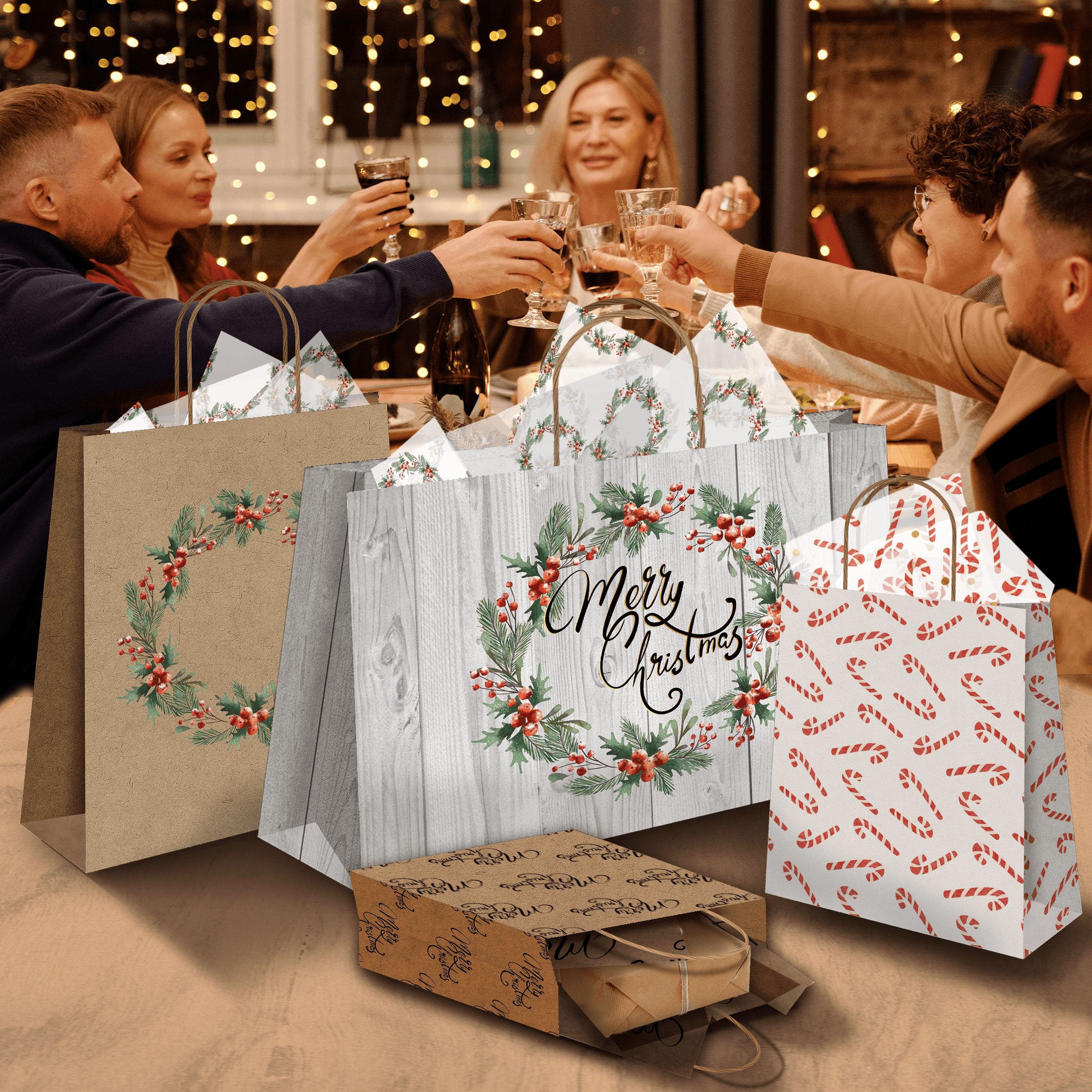 Christmas Wreath Kraft Gift Bags Set - 10 Pcs Mixed Sizes (Small/Medium/Large) for Holiday Presents, Party Favors & Home Decor