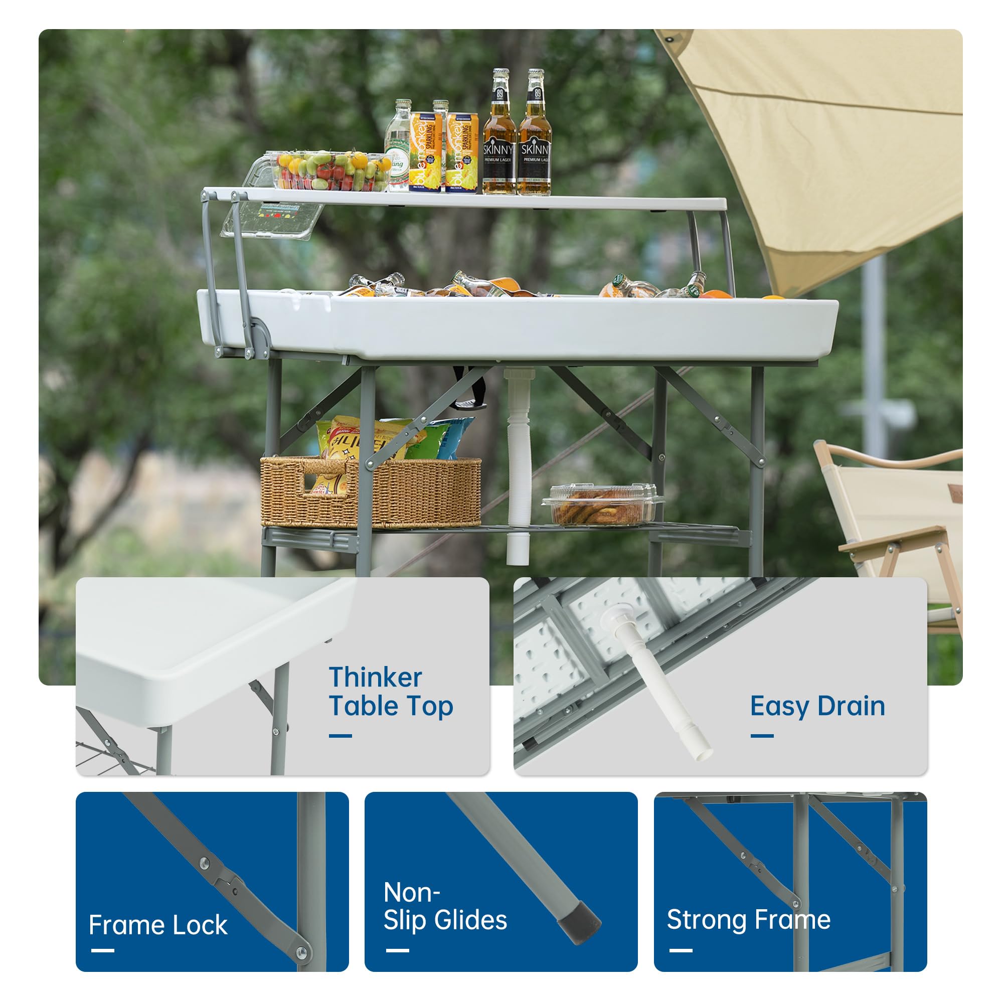 **Portable Folding Ice Cooler Table with Removable Skirt, Large Sink & Drain – Perfect for Outdoor BBQs, Camping & Tailgating Parties**