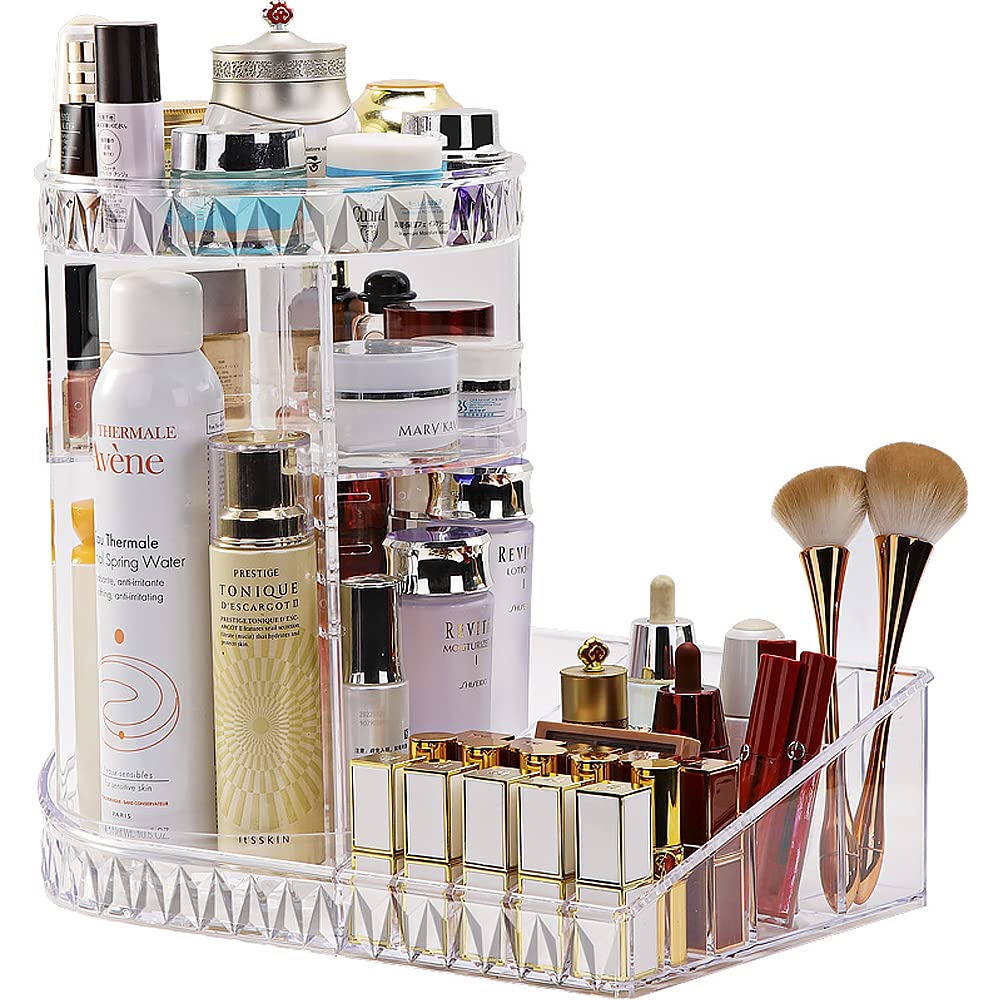 360° Rotating Makeup Organizer with Adjustable Height - Large Cosmetic Storage Box for Brushes, Lipstick, Perfume & Jewelry | DIY Removable Trays, Perfect for Vanity, Bathroom or Travel Organization