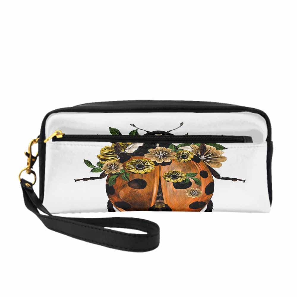 Nicokee Small Makeup Bag - PU Leather Cosmetic Pouch with Ladybug Wings & Yellow Flower Leaf Speckle Design - Travel Toiletry Organizer for Women | Perfect for Daily Use, Travel & Gift Giving