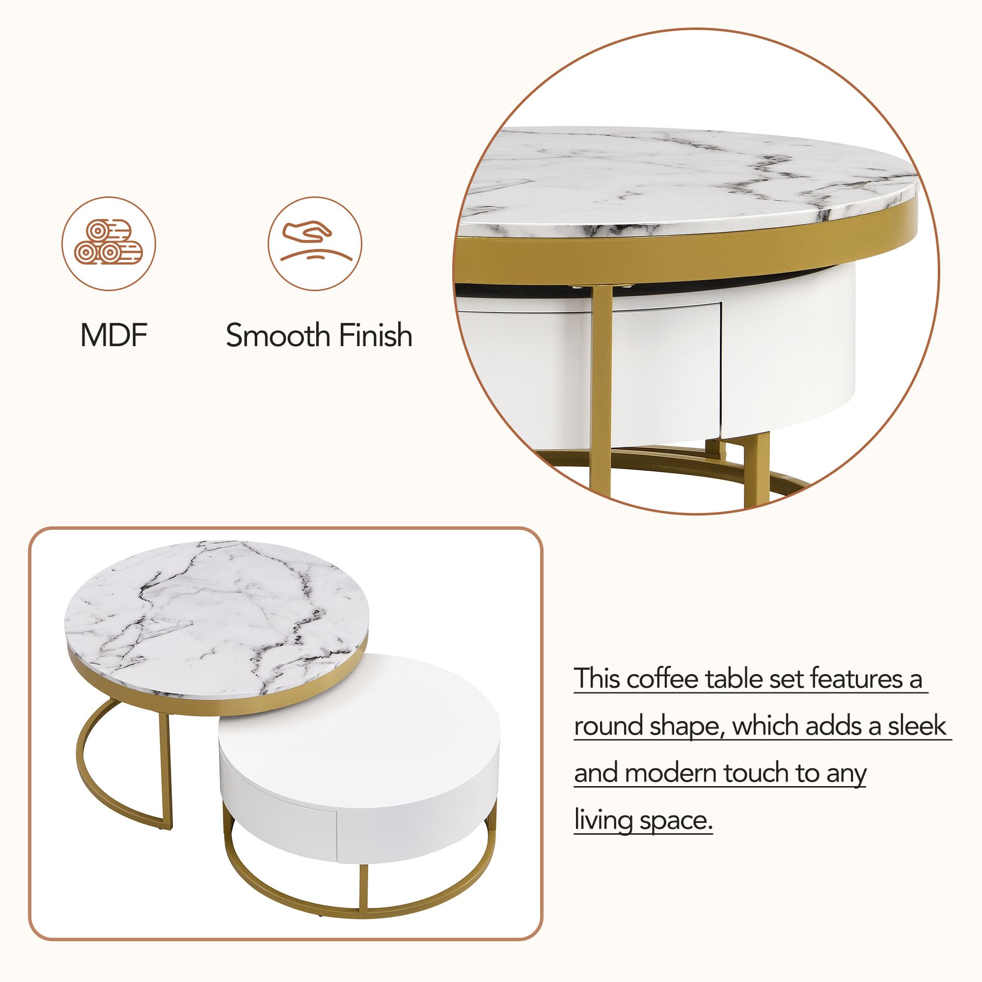 Modern White Round Nesting Coffee Table with Drawers - Stylish Circle Living Room Furniture for Small Spaces | Perfect for Apartments, Lounge Areas & Home Decor