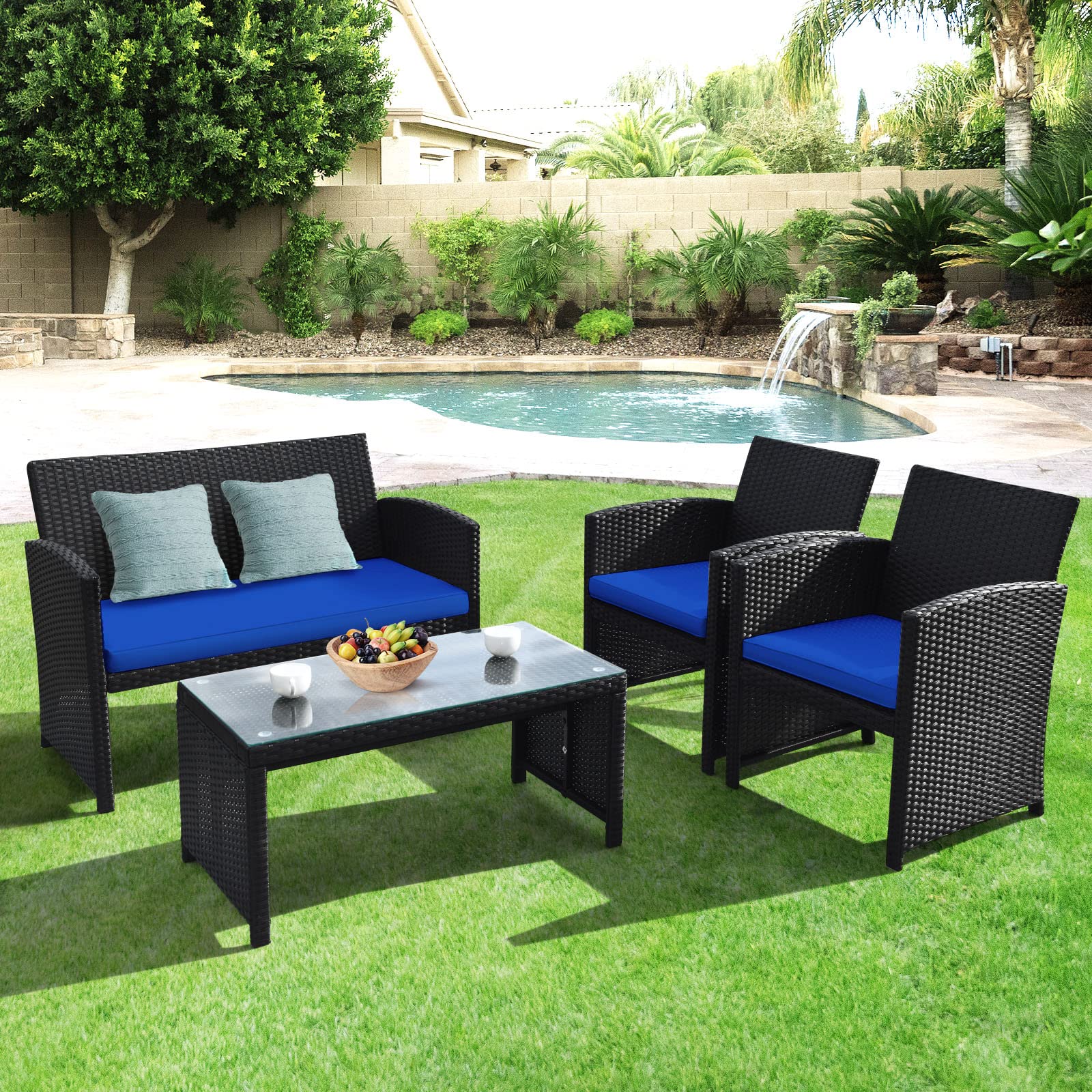 Goplus 4-Piece Rattan Patio Furniture Set - Outdoor Wicker Conversation Sofa with Cushions & Tempered Glass Coffee Table - Blue Patio Set for Garden, Backyard, Balcony, Poolside & Outdoor Relaxation