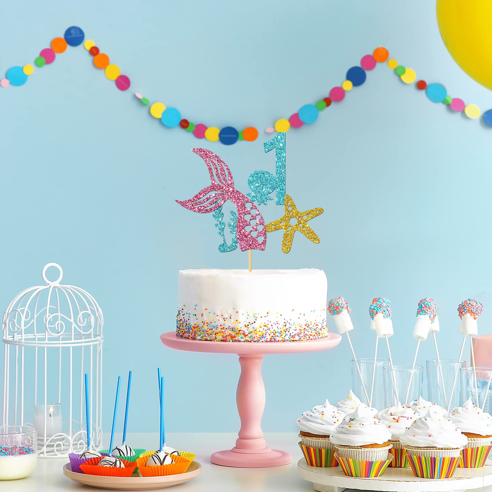 WeBenison Mermaid Ocean Theme 1st Birthday Cake Topper - Under The Sea Octopus & Mermaid Decor for Baby Girl's First Birthday Party - Blue One Sign - Perfect for Beach Themed Celebrations & Nautical Baby Showers