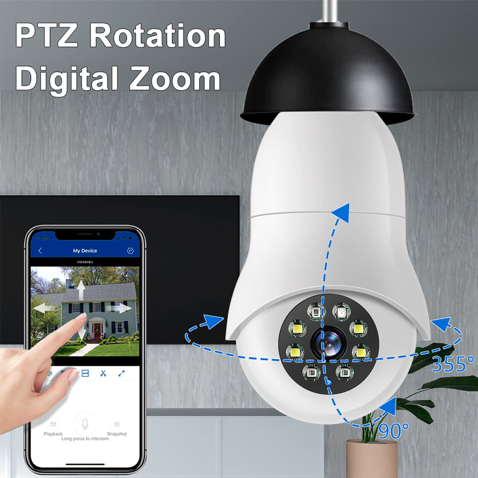 Ruiqas E27 Smart Light Bulb Security Camera - 2.4GHz/5GHz WiFi, 1080P 2MP HD, 360° Panoramic View - Indoor/Outdoor Home Security Surveillance for Garage, Yard & Porch