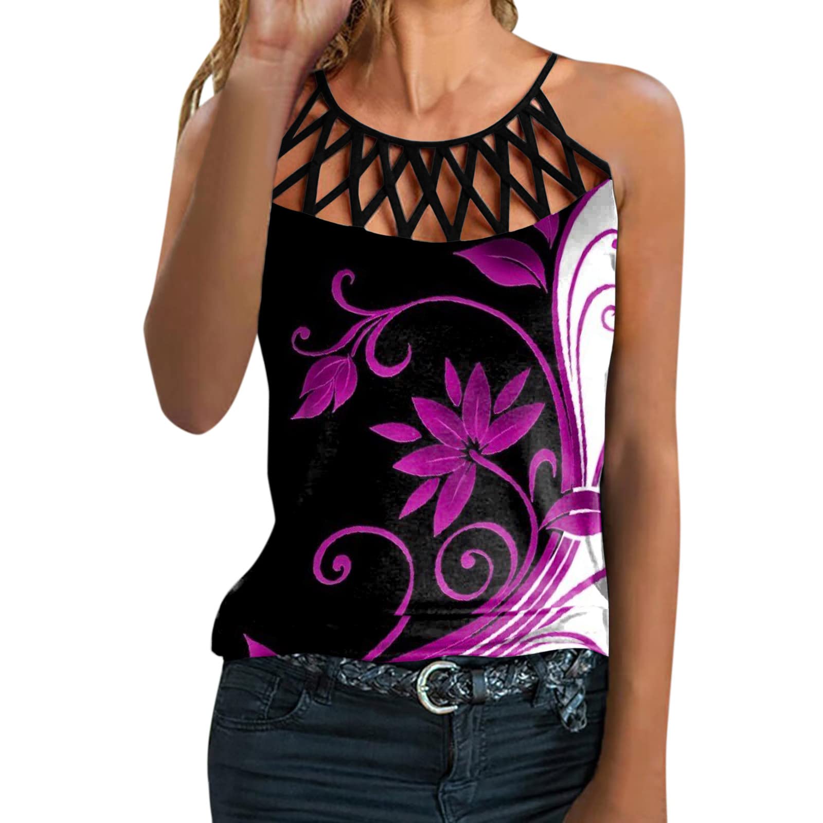 Women's Oversized Vintage Floral Graphic Tee - Sleeveless Halter Mesh Hollow Out Casual Top for Summer | Perfect for Beach, Music Festivals & Everyday Wear