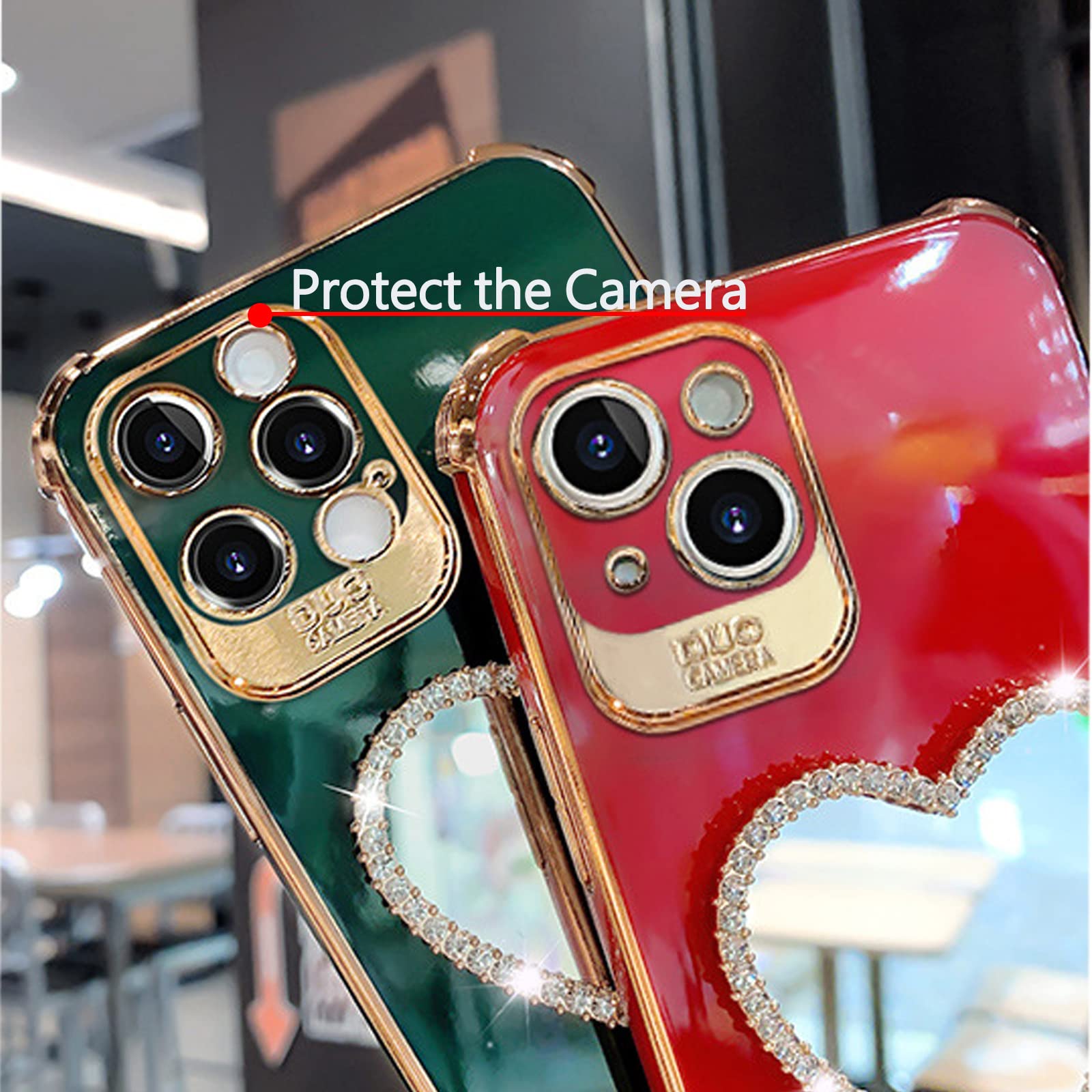 Luxury Heart-Shaped Bling Phone Case for iPhone 7/8 - Girly Cute Shining Protective Cover with Mirror (Dark Green) | Perfect for Makeup Touch-ups, Selfies & Everyday Glam