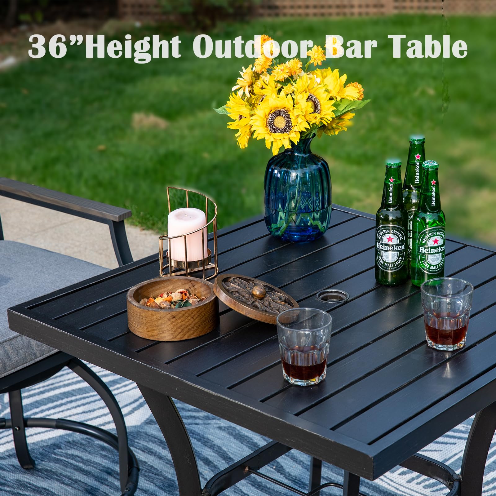 PHI VILLA 3-Piece Outdoor Bistro Set - Counter Height Swivel Bar Chairs with Rattan Backrest & Gray Cushion + Square Metal Table - Weatherproof Patio Furniture for Garden, Yard, Poolside - Perfect for Entertaining, Relaxing & Outdoor Dining
