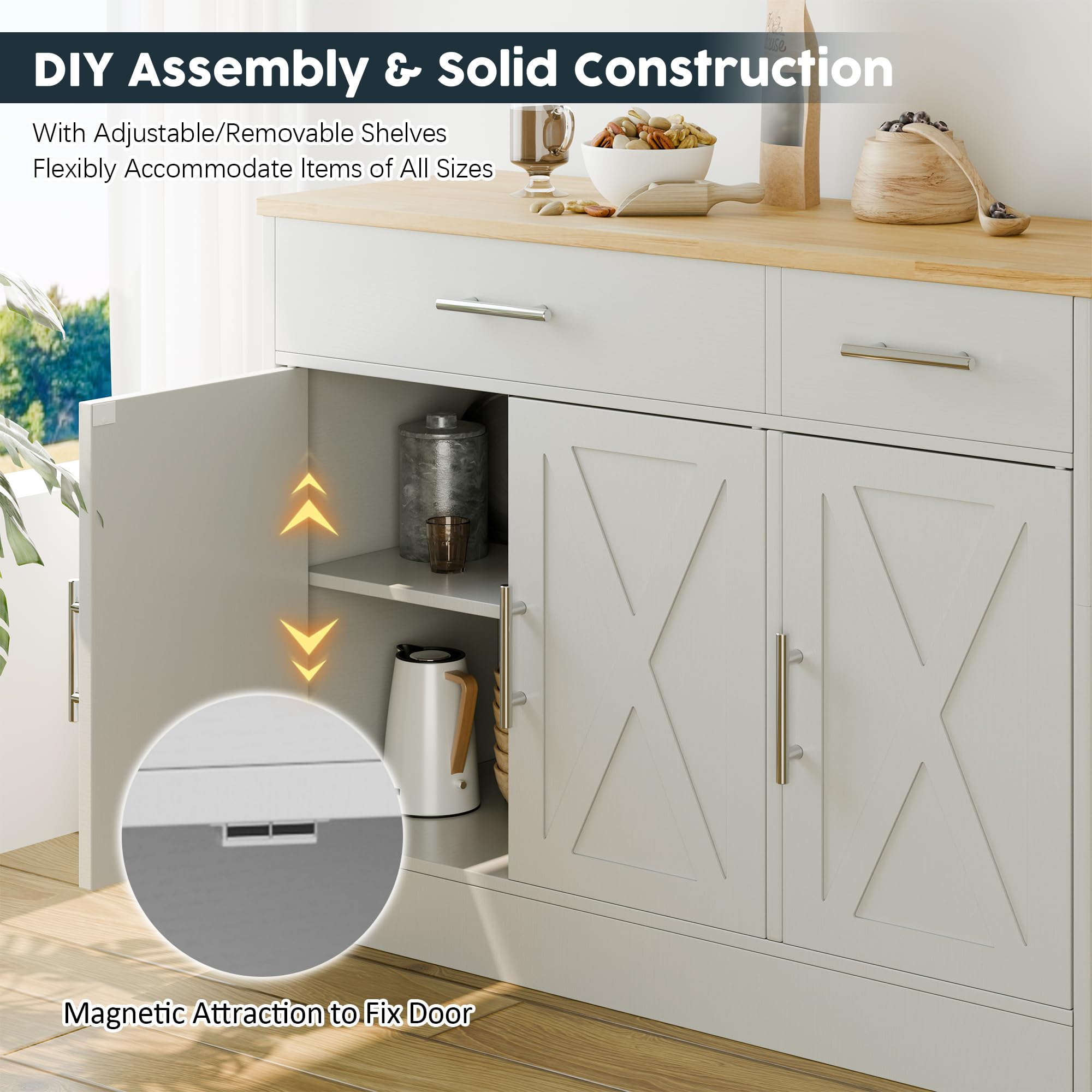 Farmhouse Style 3-Door Sideboard Cabinet with 2 Drawers & Adjustable Shelves - White & Yellow Wooden Buffet Storage for Kitchen, Dining Room & Living Room - Perfect for Home Organization, Display & Extra Storage Space