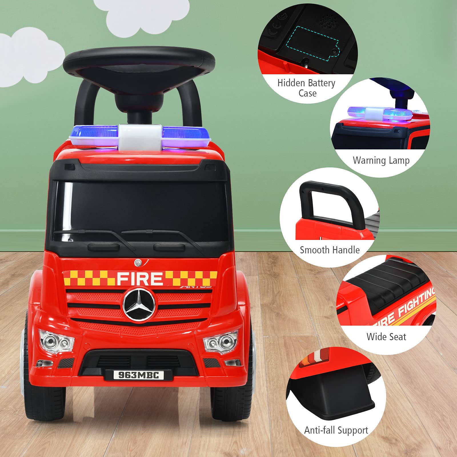 **Costzon Licensed Mercedes Benz Ride-On Push Car for Toddlers 18-36 Months - Red Fire Truck Design with Steering Wheel, Horn, Headlights & Under Seat Storage - Foot-to-Floor Riding Toy for Boys & Girls - Perfect for Indoor & Outdoor Play, Birthday Gifts & Pretend Driving Fun**