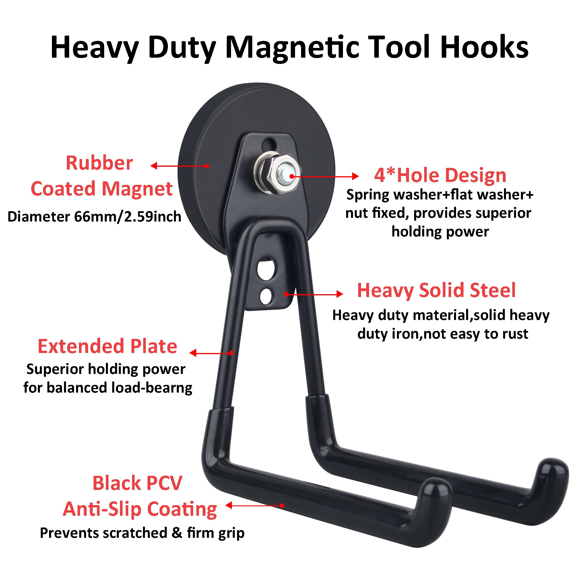 ULIBERMAGNET Heavy Duty Magnetic Hooks 2 Pack - XL 2.59 Inch Power Tool Organizer for Workshop & Garage - Strong Cordless Drill Hooks for Garden Tools, DIY Projects & Home Organization (Black)