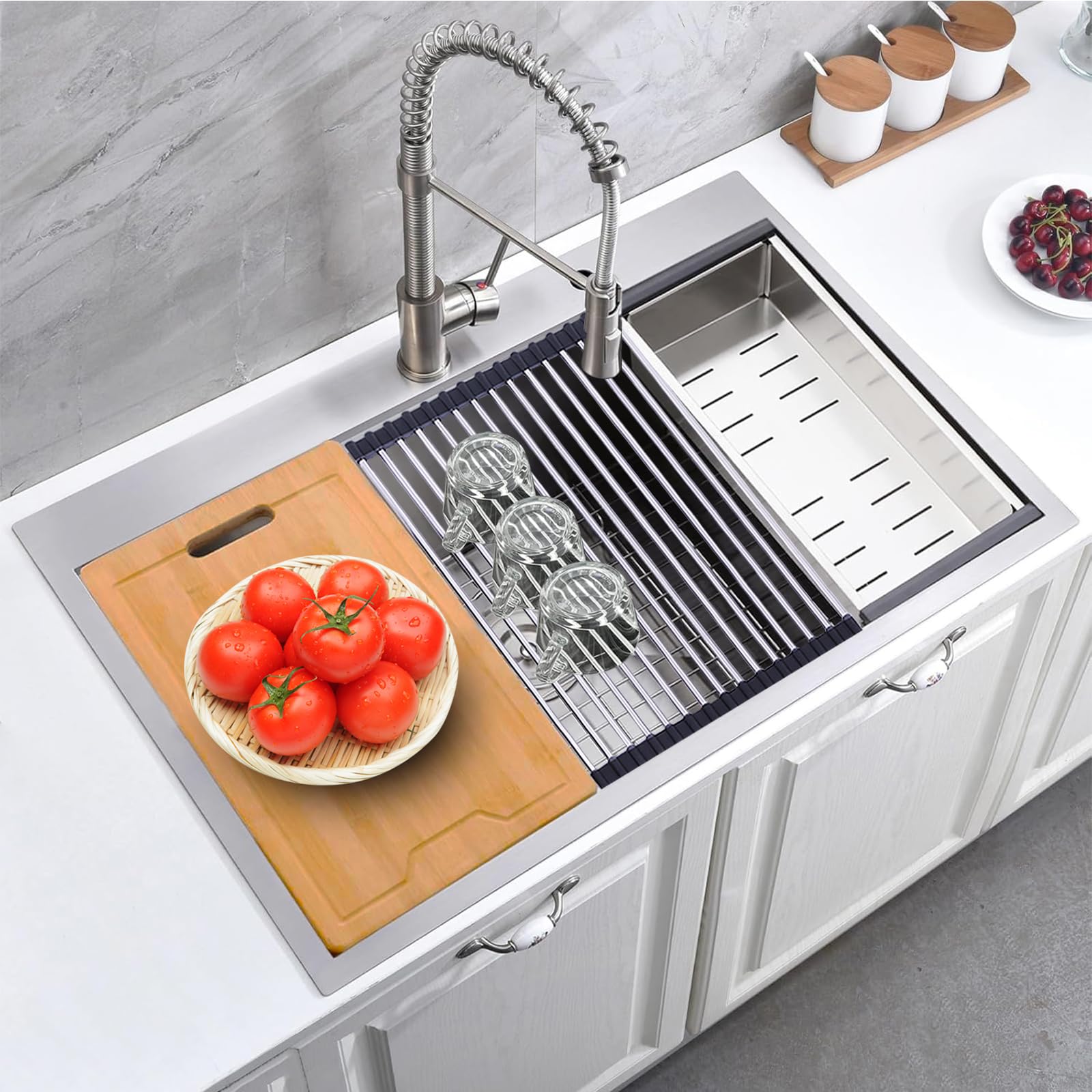 Friho 33x22 Inch Brushed Nickel Stainless Steel 16 Gauge Drop-In Kitchen Sink Workstation - Handmade Top Mount Single Bowl Sink with 5 Accessories | Perfect for Modern Kitchens, Remodeling & Small Spaces
